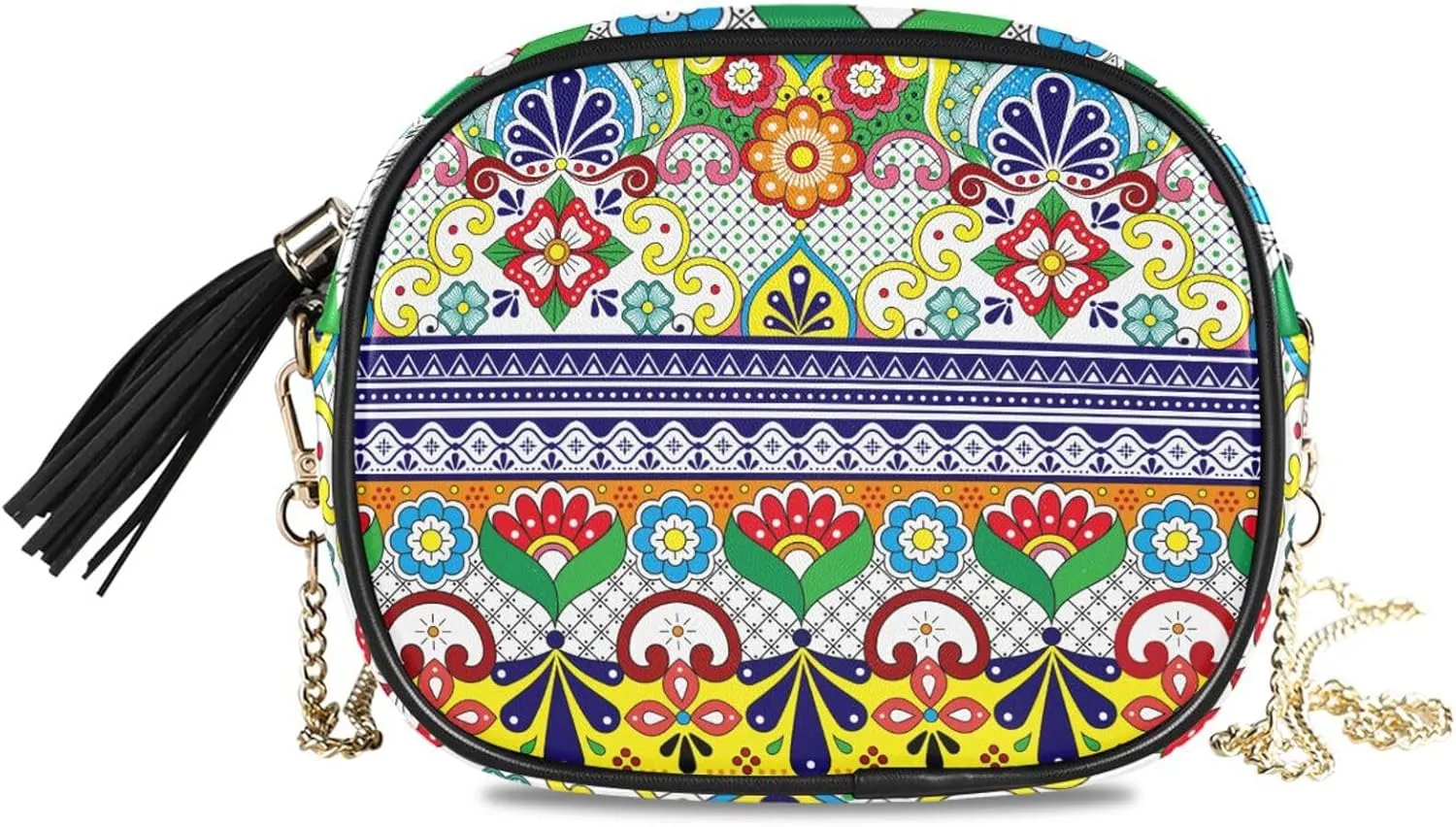 Crossbody Shoulder Bag Mexican Colorful Folk Flower Small PU Leather Handbag with Tassel Zipper