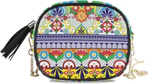 Crossbody Shoulder Bag Mexican Colorful Folk Flower Small PU Leather Handbag with Tassel Zipper