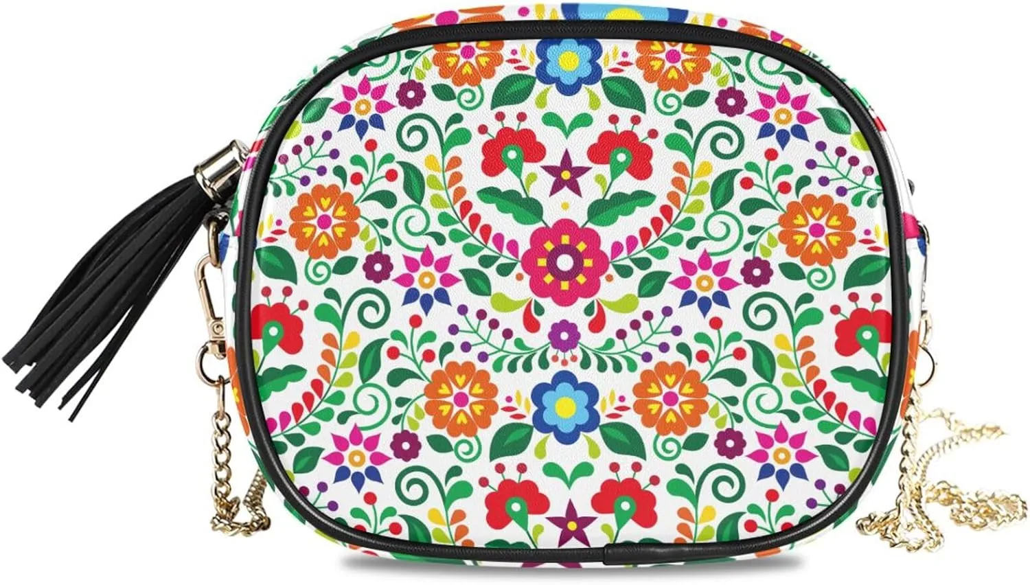 Crossbody Shoulder Bag Mexican Folk Colorful Flower Small PU Leather Handbag with Tassel Zipper