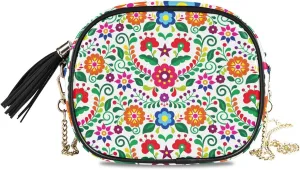 Crossbody Shoulder Bag Mexican Folk Colorful Flower Small PU Leather Handbag with Tassel Zipper