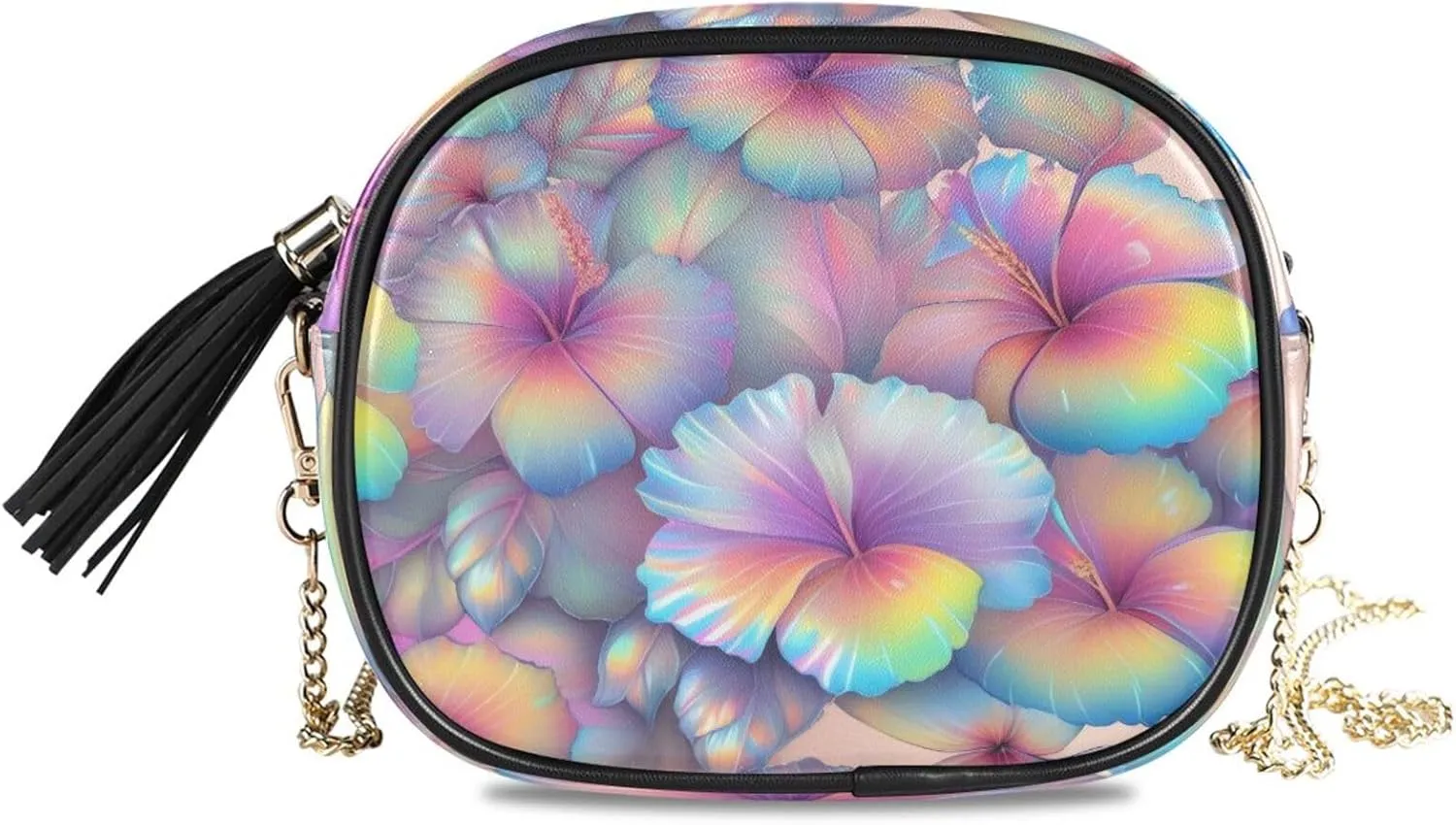 Crossbody Shoulder Bag Tassel Purse Rainbow Hibiscus PU leather Small Handbag Fashion Evening Clutch with Chain
