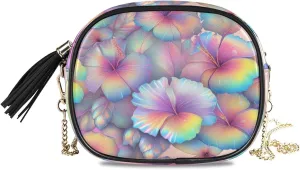 Crossbody Shoulder Bag Tassel Purse Rainbow Hibiscus PU leather Small Handbag Fashion Evening Clutch with Chain