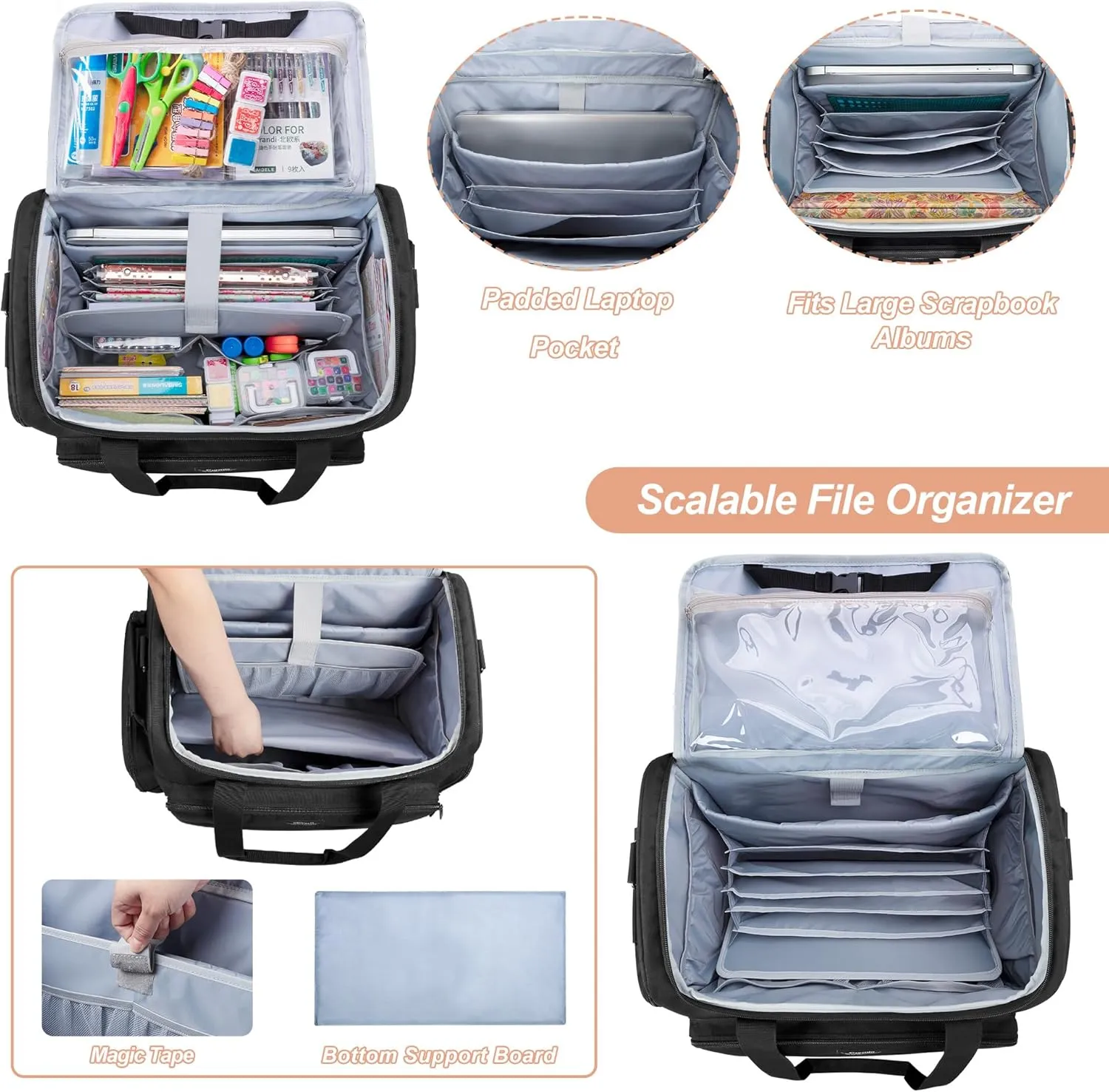 CURMIO Rolling Scrapbook Tote with Wheel, Craft Storage Bag with Expandable File Organizer for Scrapbook Supplies, Albums, Black (Bag Only)