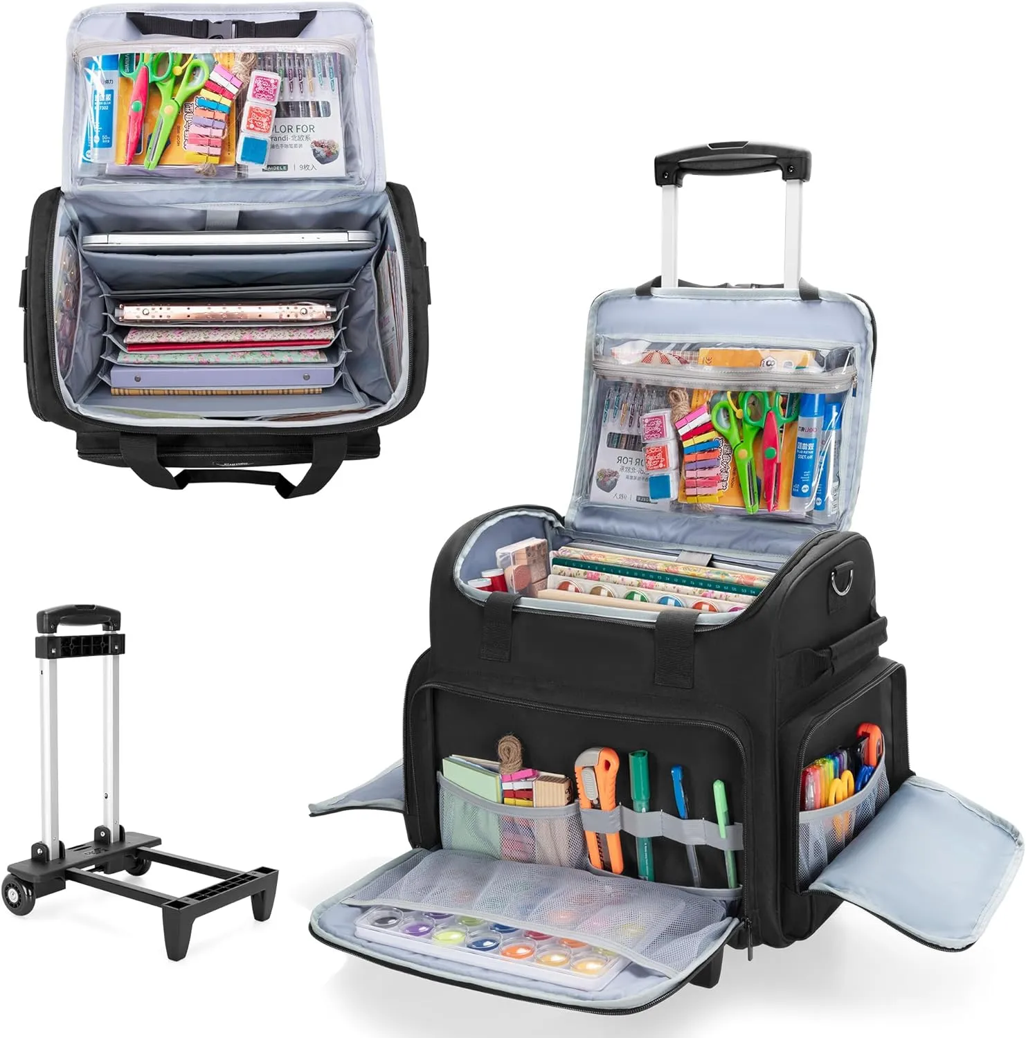 CURMIO Rolling Scrapbook Tote with Wheel, Craft Storage Bag with Expandable File Organizer for Scrapbook Supplies, Albums, Black (Bag Only)