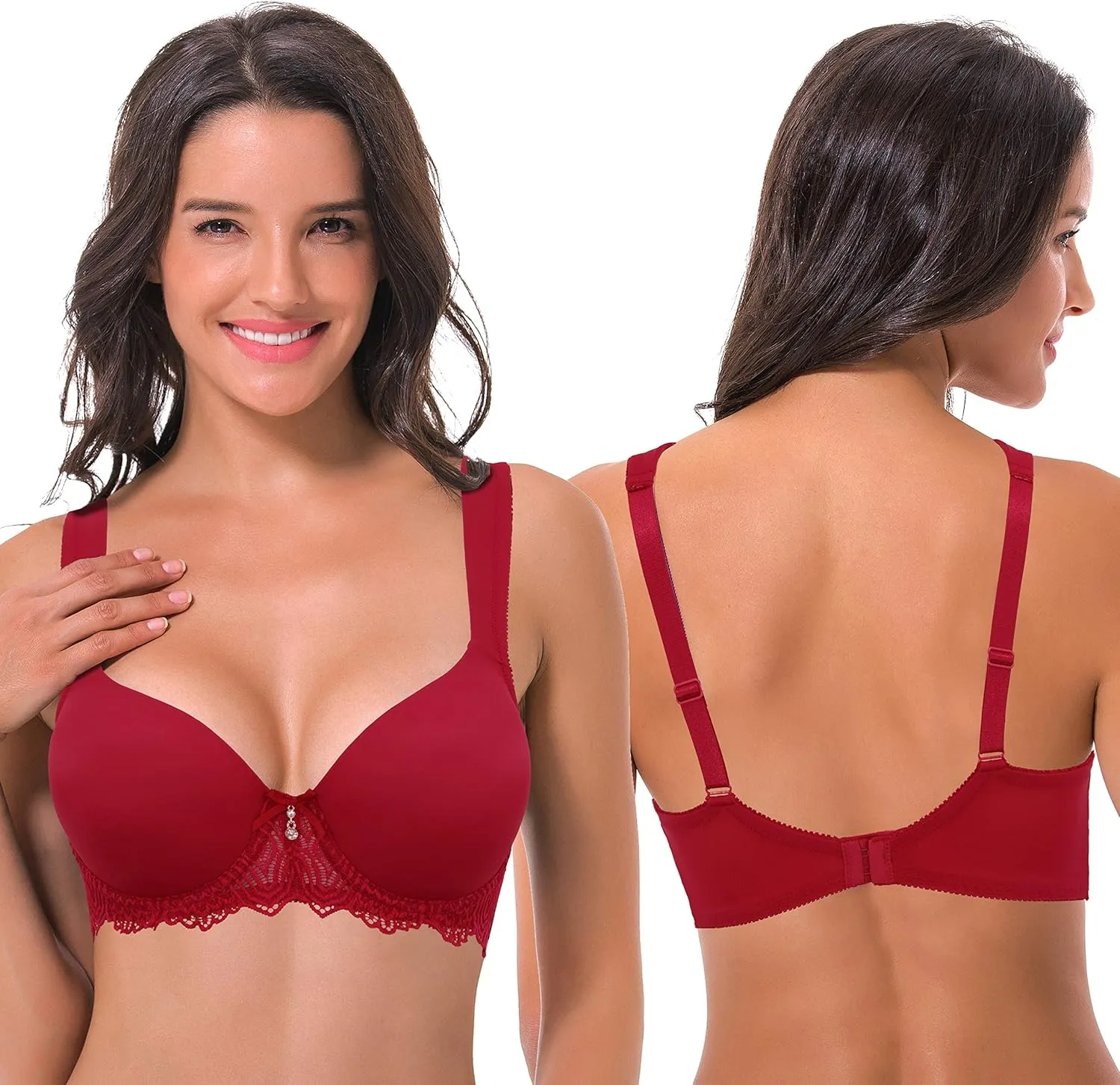 Curve Muse Women's Lightly Padded Underwire Lace Bra with Padded Shoulder Straps