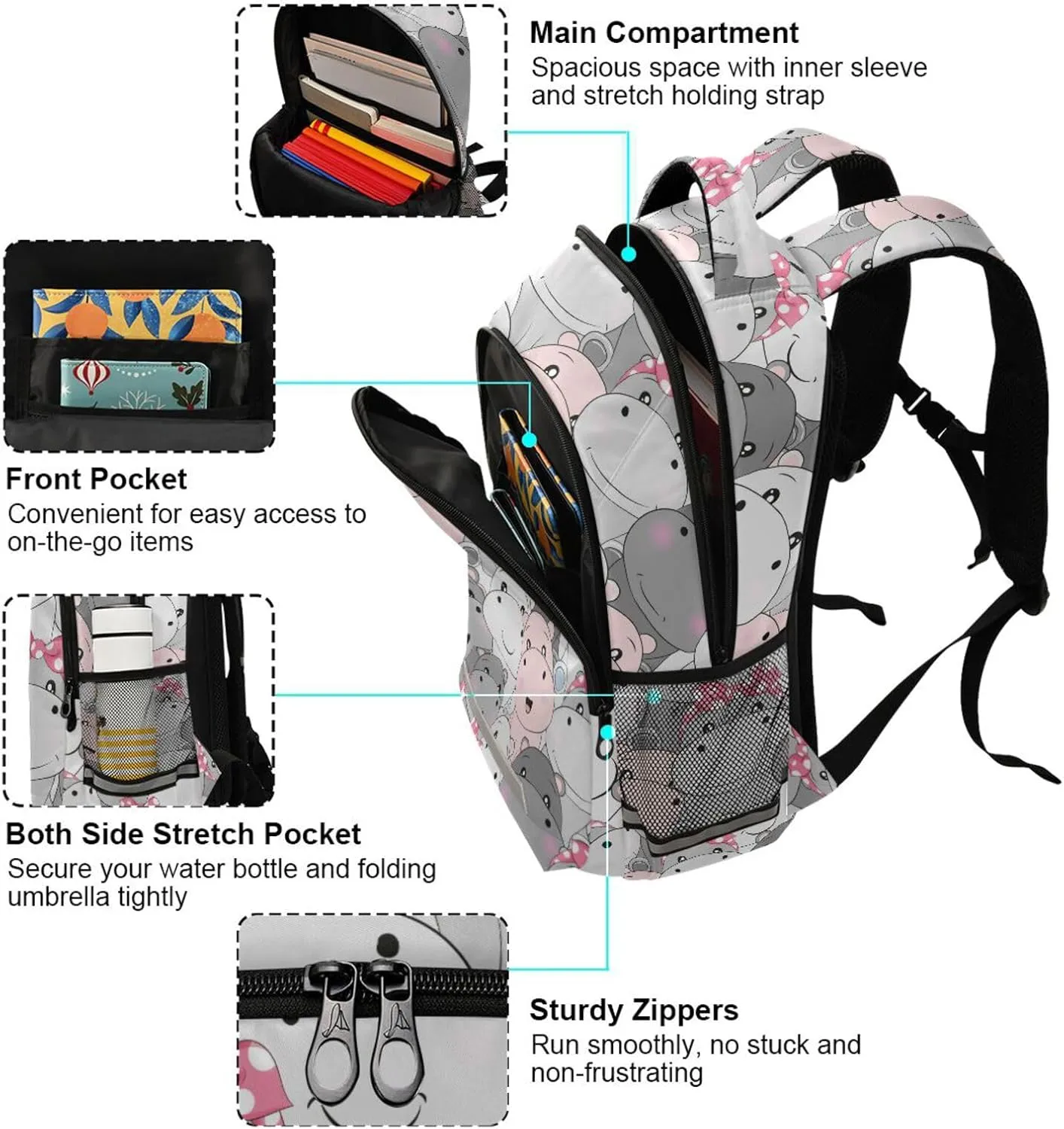 Custom Backpack for Men Women Cute Hippo Personalized Name Kids Backpack for Girls Boys Customized Travel Laptop Bag Casual Backpacks
