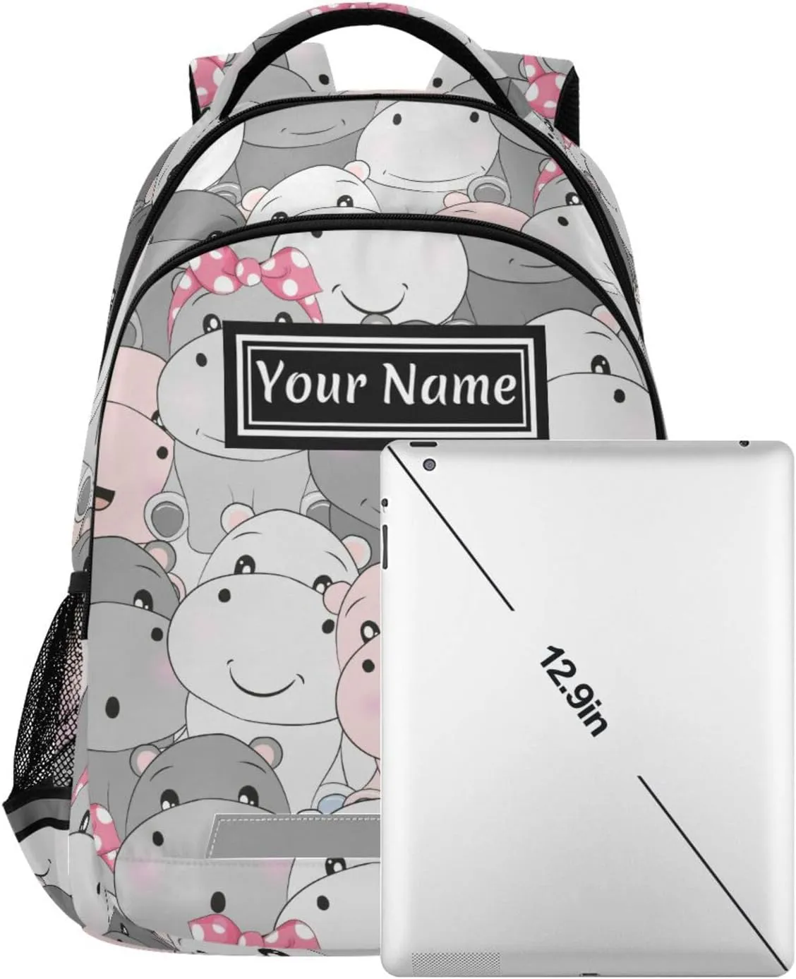 Custom Backpack for Men Women Cute Hippo Personalized Name Kids Backpack for Girls Boys Customized Travel Laptop Bag Casual Backpacks