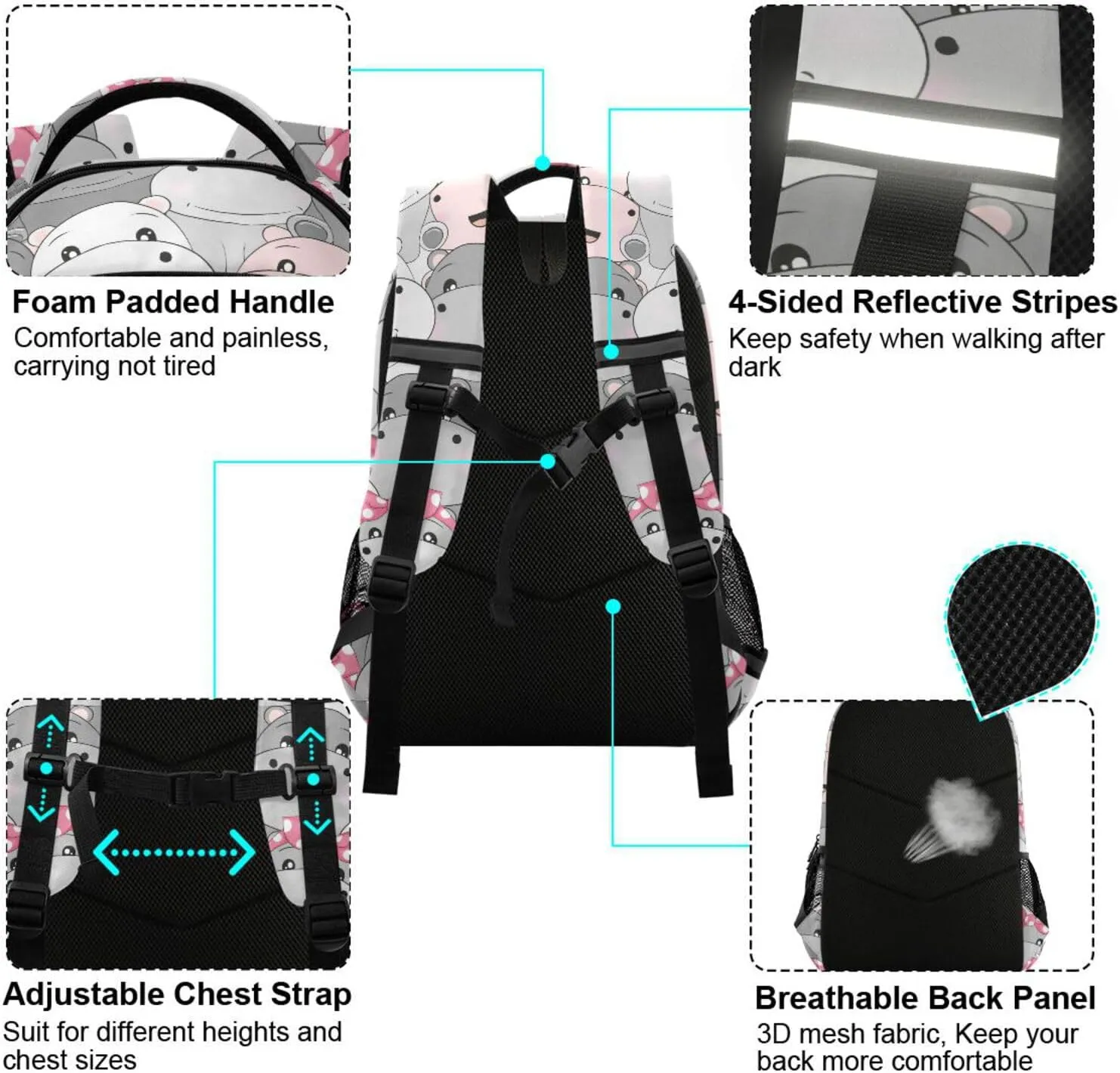 Custom Backpack for Men Women Cute Hippo Personalized Name Kids Backpack for Girls Boys Customized Travel Laptop Bag Casual Backpacks