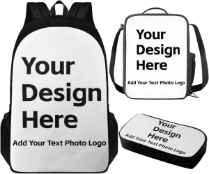 Custom Backpack Personalized 3 in 1 Schoolbag Set with Insulated Lunch Box Pencil Case Backpack Lightweight Schoolbag for School Teen Girls Boys Kids Bookbag for Preschool Elementary School