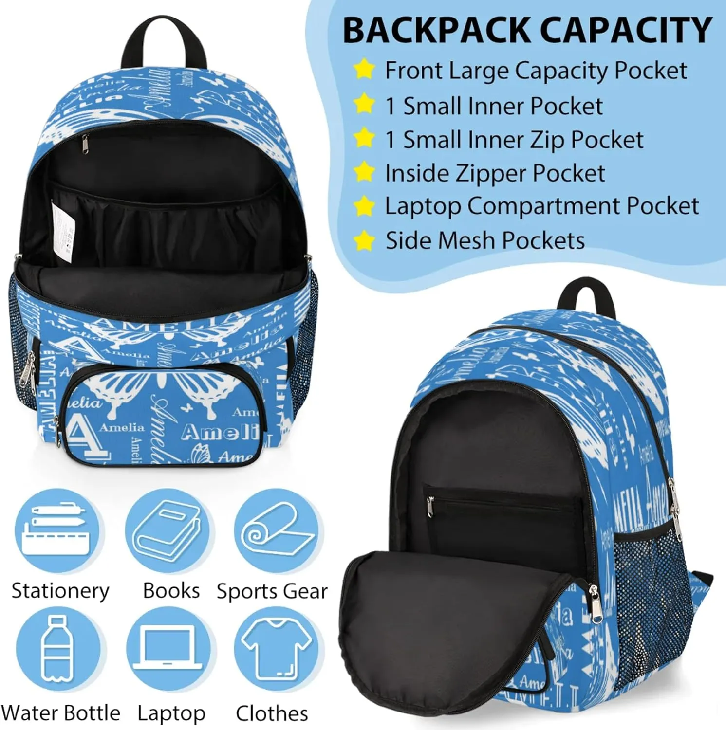 Custom Backpacks with Lunch Bag Set for Women Men, Personalized Name Backpack and Portable Lunch Box, Lightweight Blue Butterfly BackPack