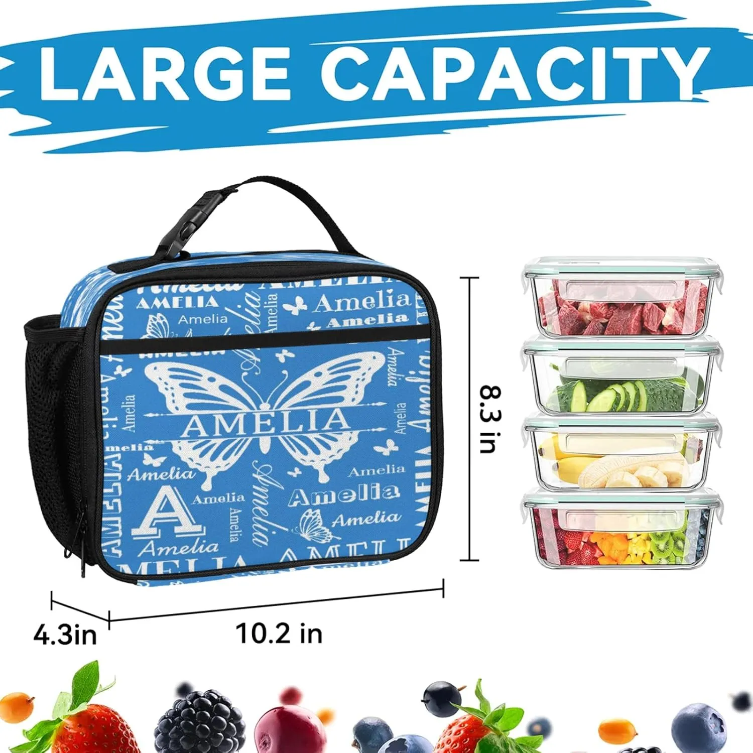 Custom Backpacks with Lunch Bag Set for Women Men, Personalized Name Backpack and Portable Lunch Box, Lightweight Blue Butterfly BackPack