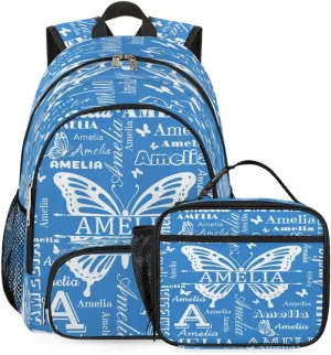 Custom Backpacks with Lunch Bag Set for Women Men, Personalized Name Backpack and Portable Lunch Box, Lightweight Blue Butterfly BackPack