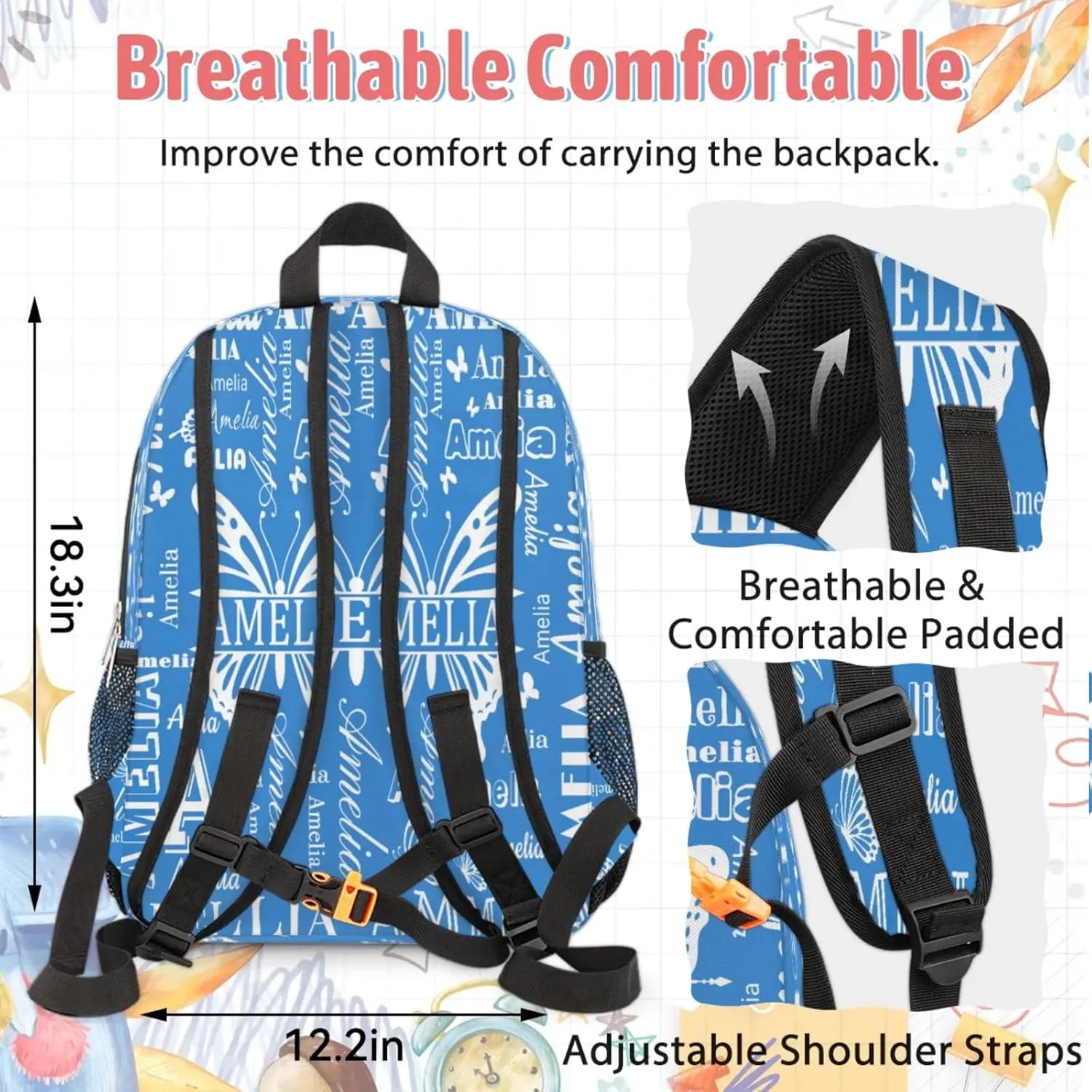Custom Backpacks with Lunch Bag Set for Women Men, Personalized Name Backpack and Portable Lunch Box, Lightweight Blue Butterfly BackPack