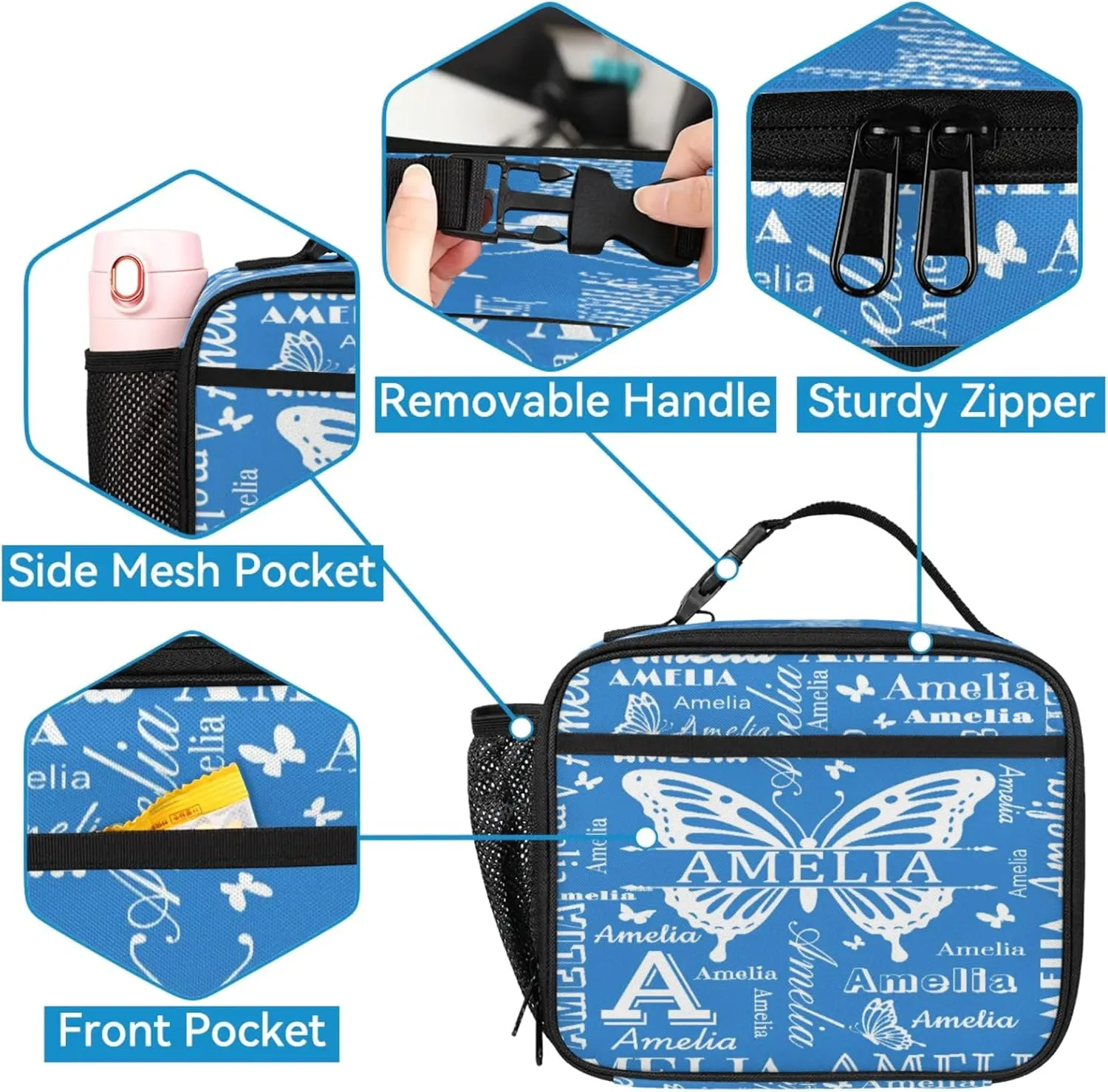 Custom Backpacks with Lunch Bag Set for Women Men, Personalized Name Backpack and Portable Lunch Box, Lightweight Blue Butterfly BackPack
