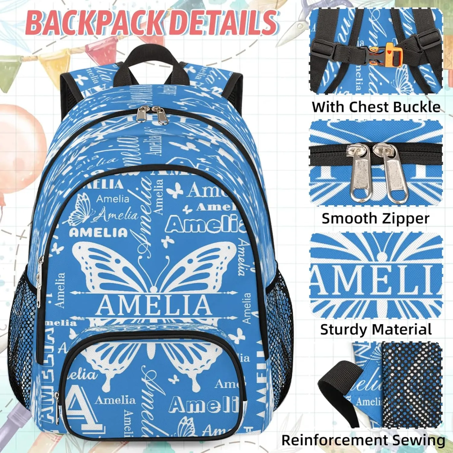 Custom Backpacks with Lunch Bag Set for Women Men, Personalized Name Backpack and Portable Lunch Box, Lightweight Blue Butterfly BackPack