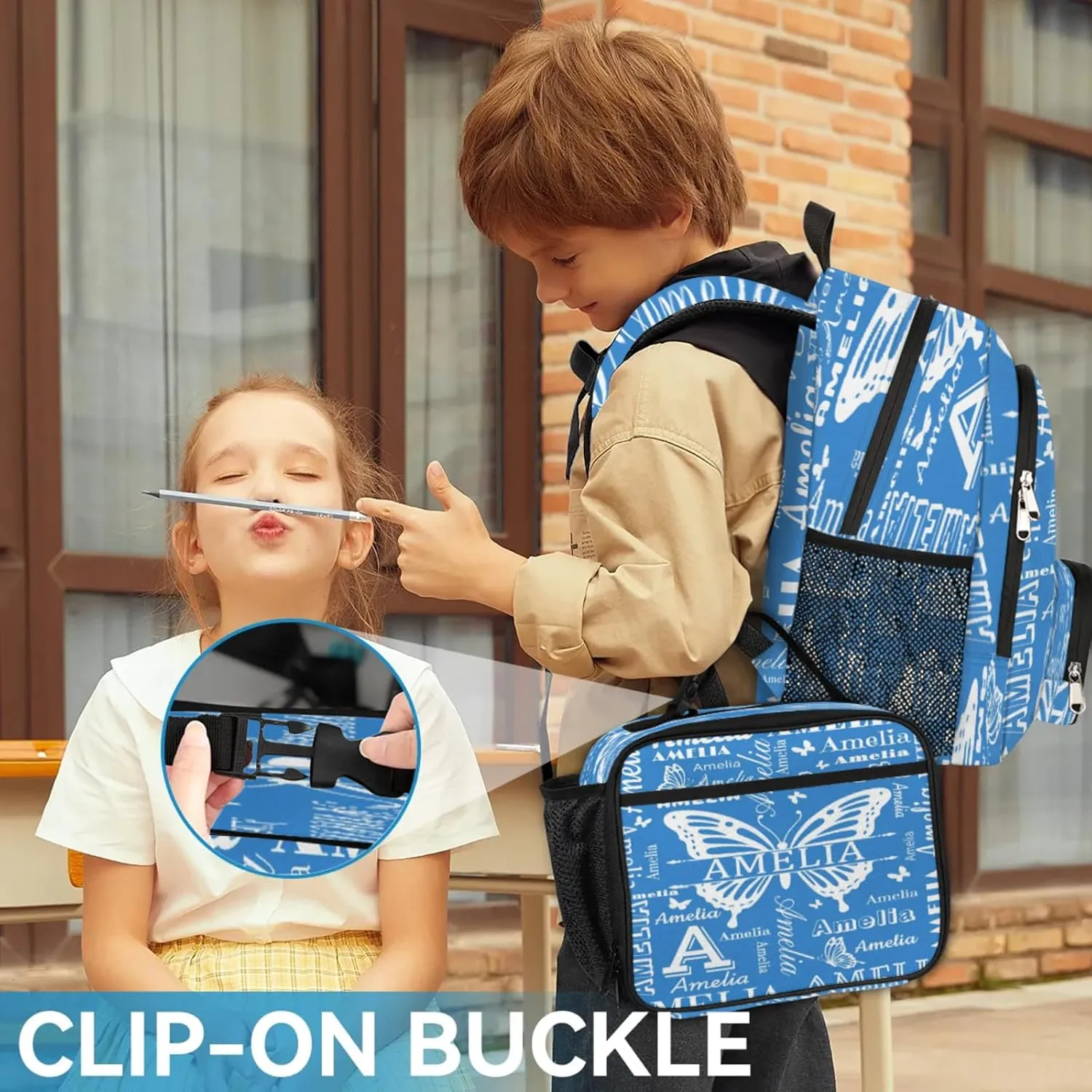 Custom Backpacks with Lunch Bag Set for Women Men, Personalized Name Backpack and Portable Lunch Box, Lightweight Blue Butterfly BackPack