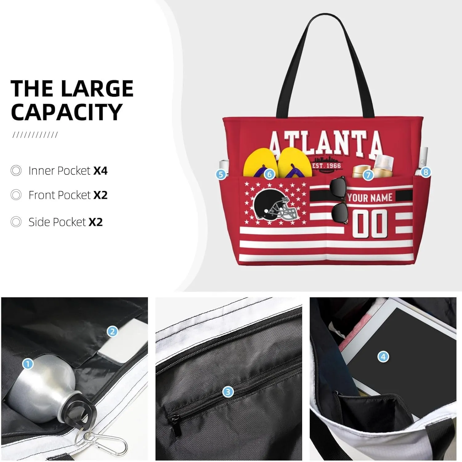 Custom Beach Bag Custom Football Style Large Beach Tote Bag Personalized Add Your Name and Number Shoulder Bag