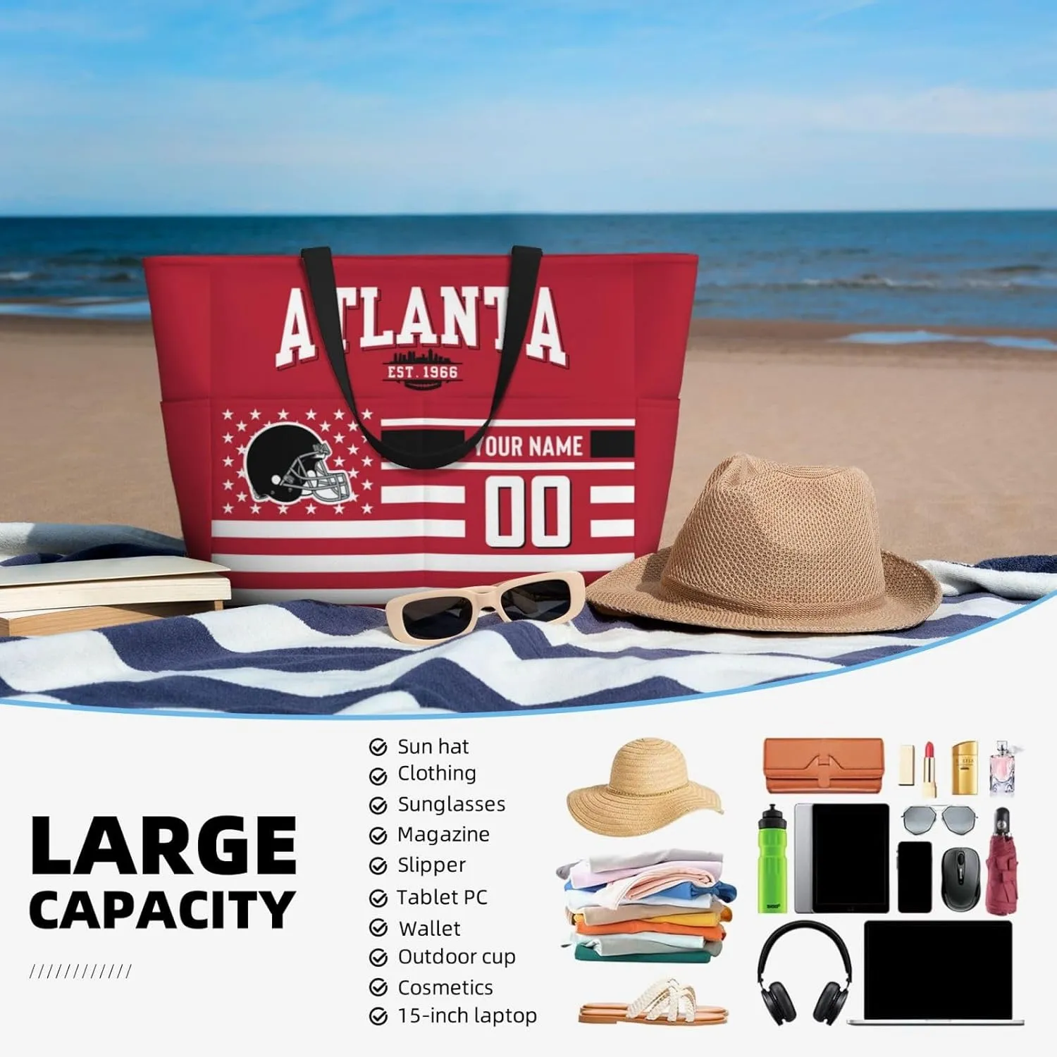 Custom Beach Bag Custom Football Style Large Beach Tote Bag Personalized Add Your Name and Number Shoulder Bag