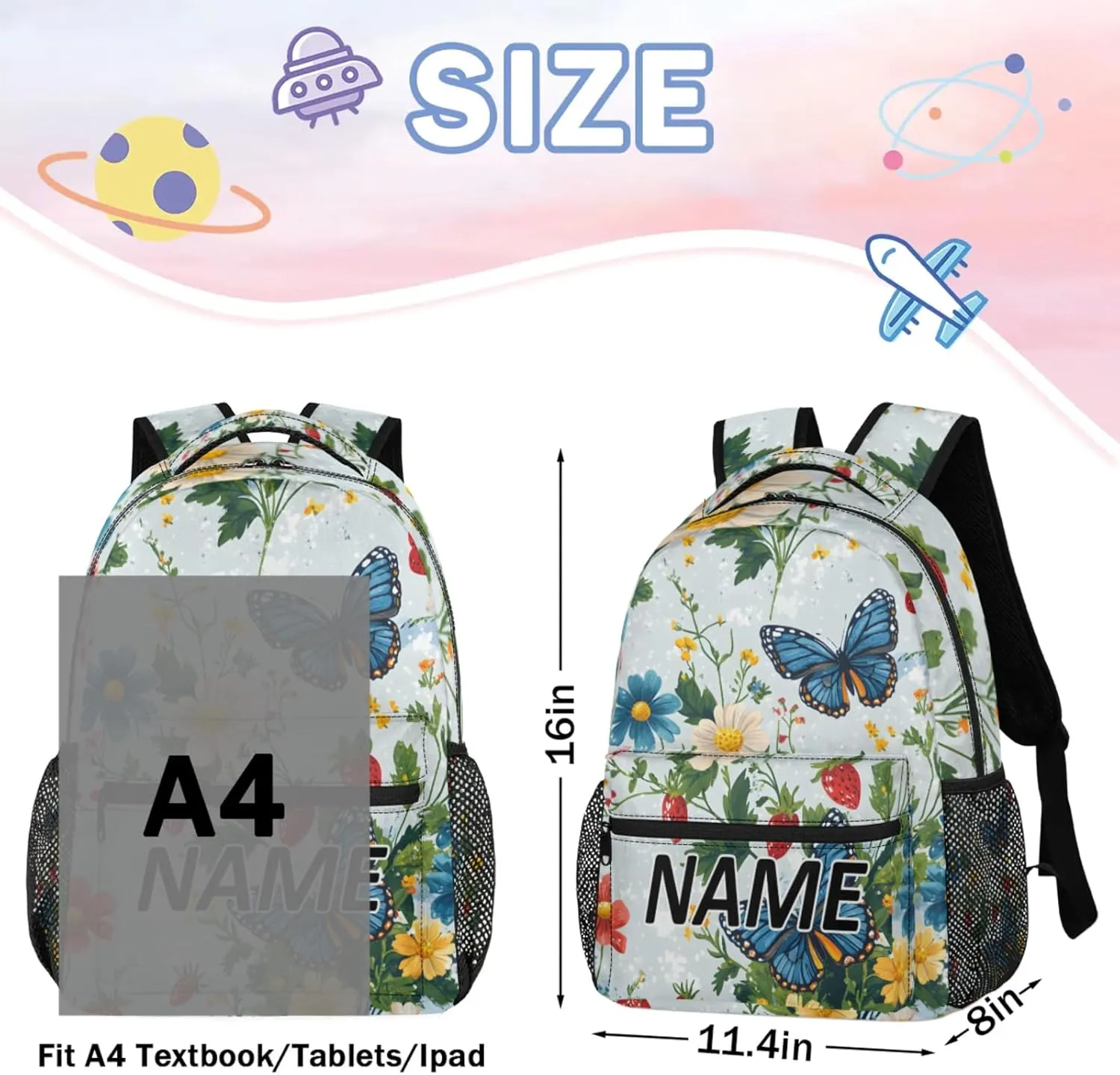 Custom Butterfly Backpack with Name Personalized Waterproof Casual Daypack Spring Butterflies Rustic Floral Customize Laptop Backpacks for Women Men