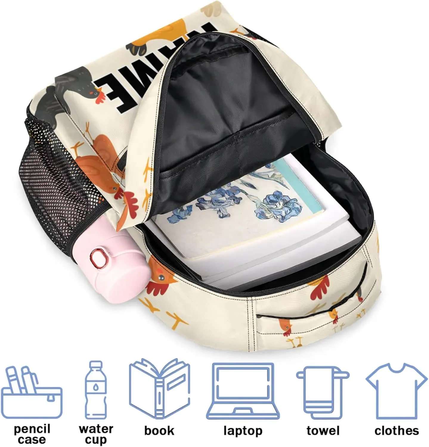 Custom Chicken Farmhouse Backpack with Name Personalized Waterproof Casual Daypack Rustic Modern Customize Laptop Backpacks for Women Men