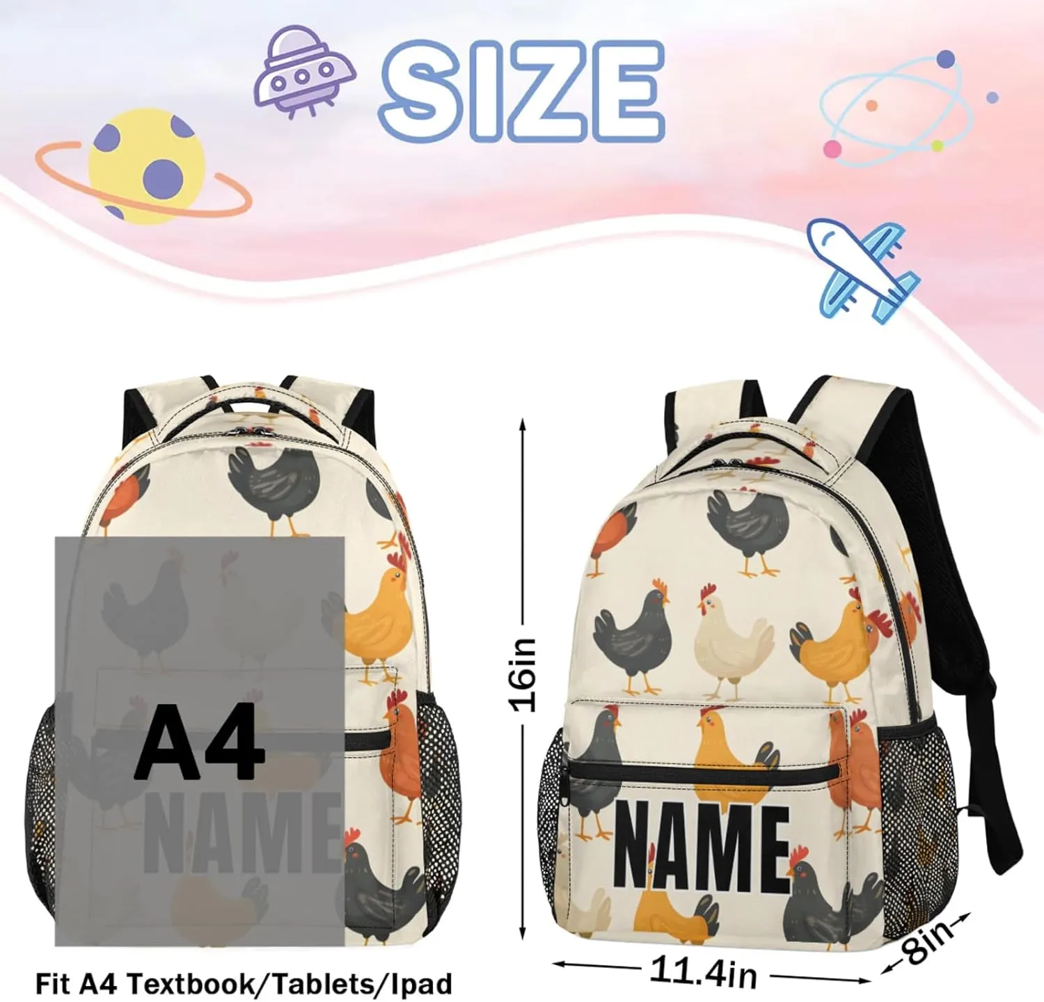 Custom Chicken Farmhouse Backpack with Name Personalized Waterproof Casual Daypack Rustic Modern Customize Laptop Backpacks for Women Men