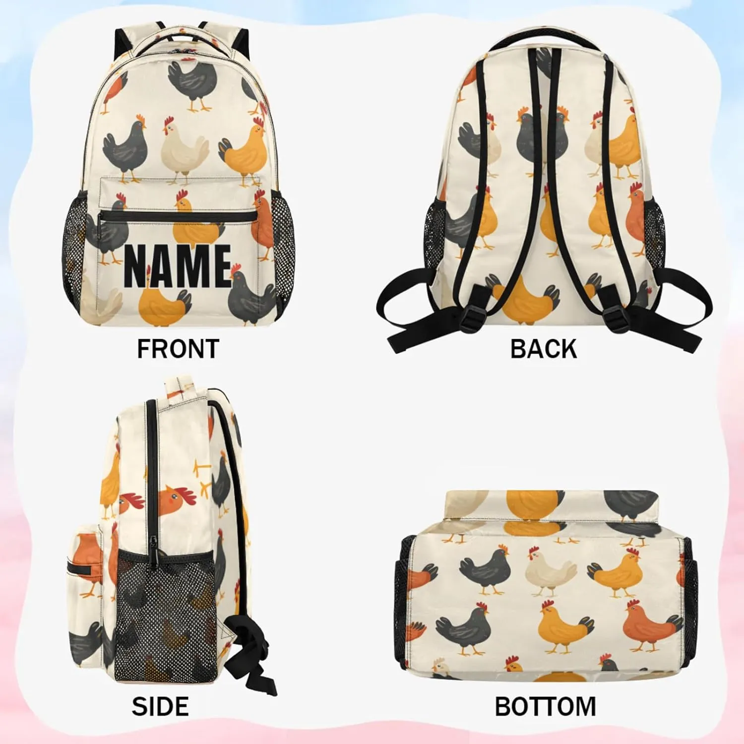 Custom Chicken Farmhouse Backpack with Name Personalized Waterproof Casual Daypack Rustic Modern Customize Laptop Backpacks for Women Men