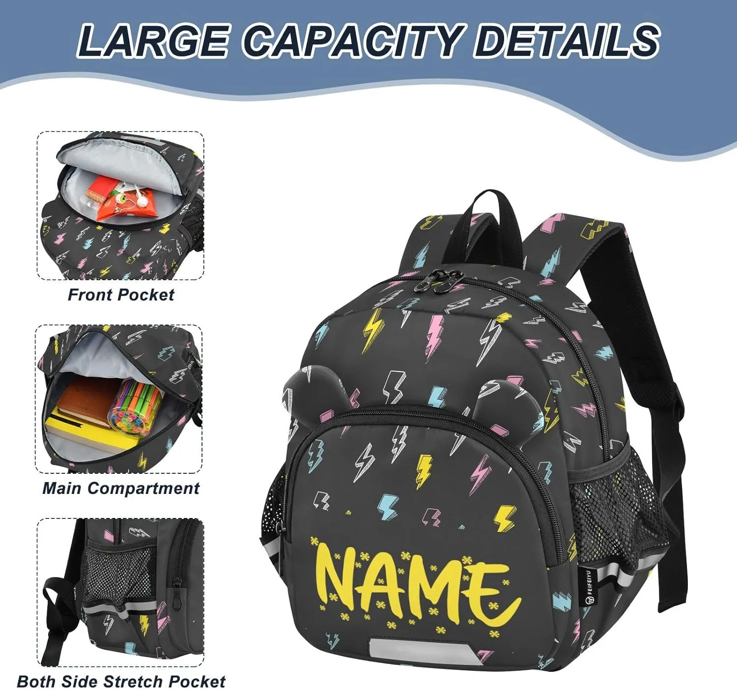 Custom Different Preschool Backpack Colorful Thunder Daycare Bookbag School Backpack with Traction Rope for Kids 3-6