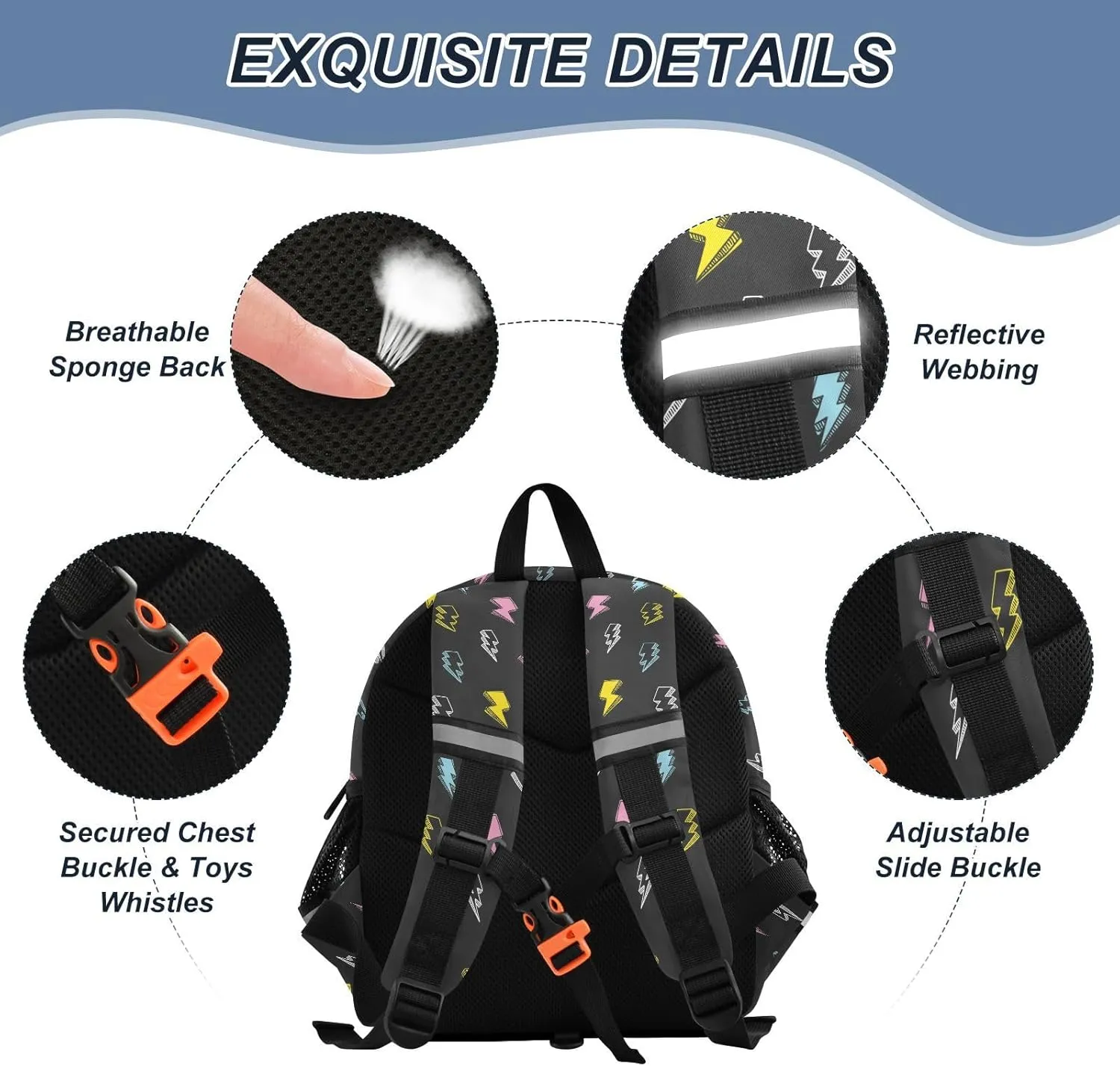 Custom Different Preschool Backpack Colorful Thunder Daycare Bookbag School Backpack with Traction Rope for Kids 3-6