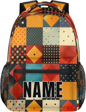 Custom Rhombus Squares Tile Art Backpack with Name Personalized Waterproof Casual Daypack Geometric Customize Laptop Backpacks for Women Men