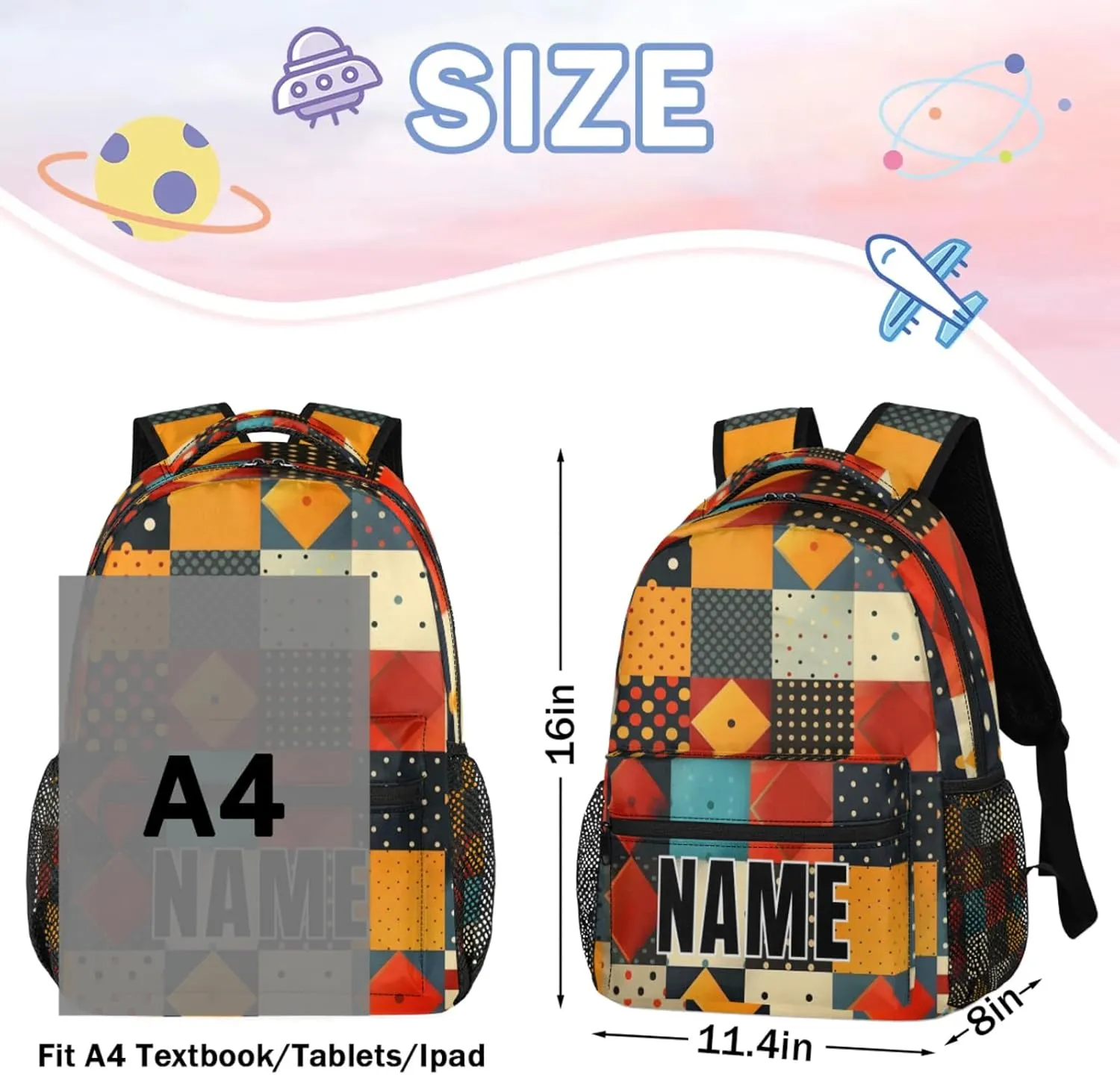Custom Rhombus Squares Tile Art Backpack with Name Personalized Waterproof Casual Daypack Geometric Customize Laptop Backpacks for Women Men