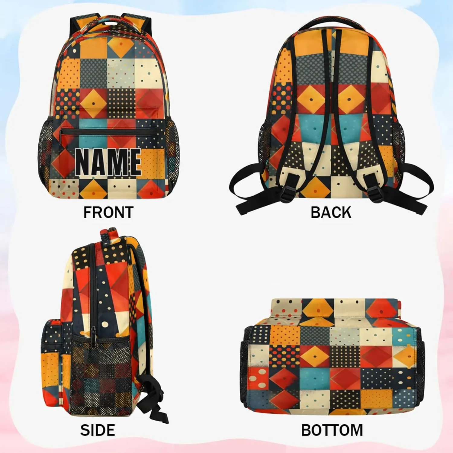 Custom Rhombus Squares Tile Art Backpack with Name Personalized Waterproof Casual Daypack Geometric Customize Laptop Backpacks for Women Men