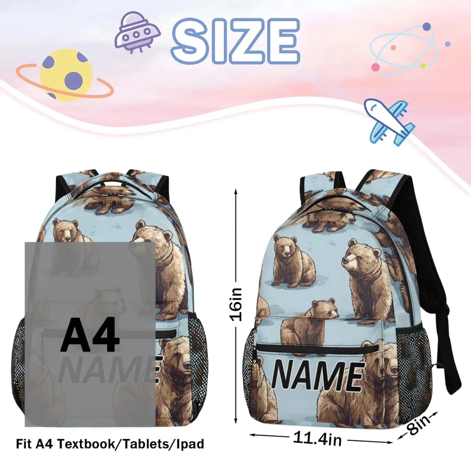 Custom Rustic Backpack with Name Personalized Waterproof Casual Daypack Cute Funny Bear Customize Laptop Backpacks for Women Men