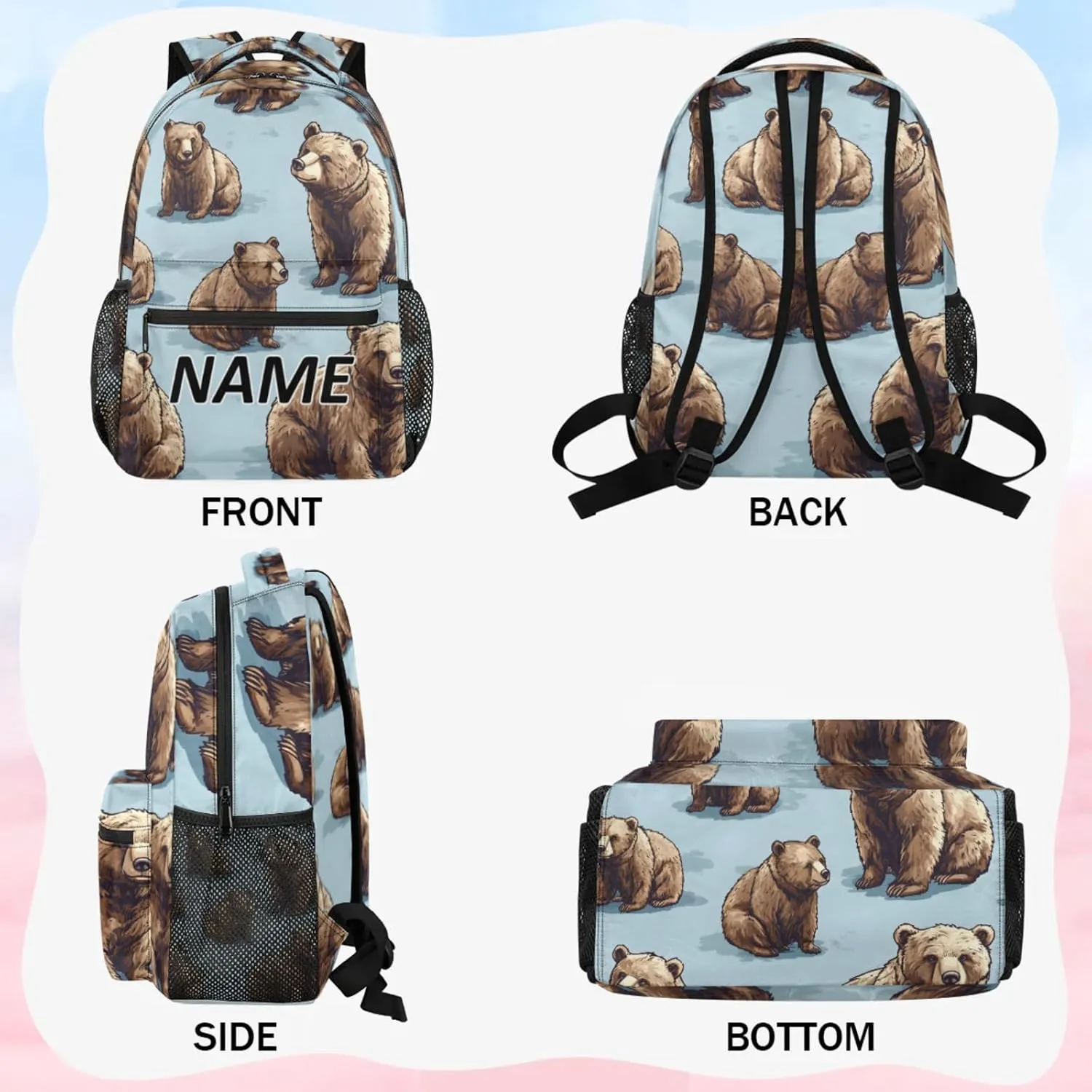Custom Rustic Backpack with Name Personalized Waterproof Casual Daypack Cute Funny Bear Customize Laptop Backpacks for Women Men