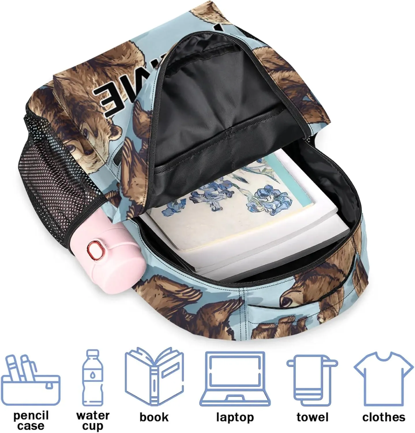 Custom Rustic Backpack with Name Personalized Waterproof Casual Daypack Cute Funny Bear Customize Laptop Backpacks for Women Men