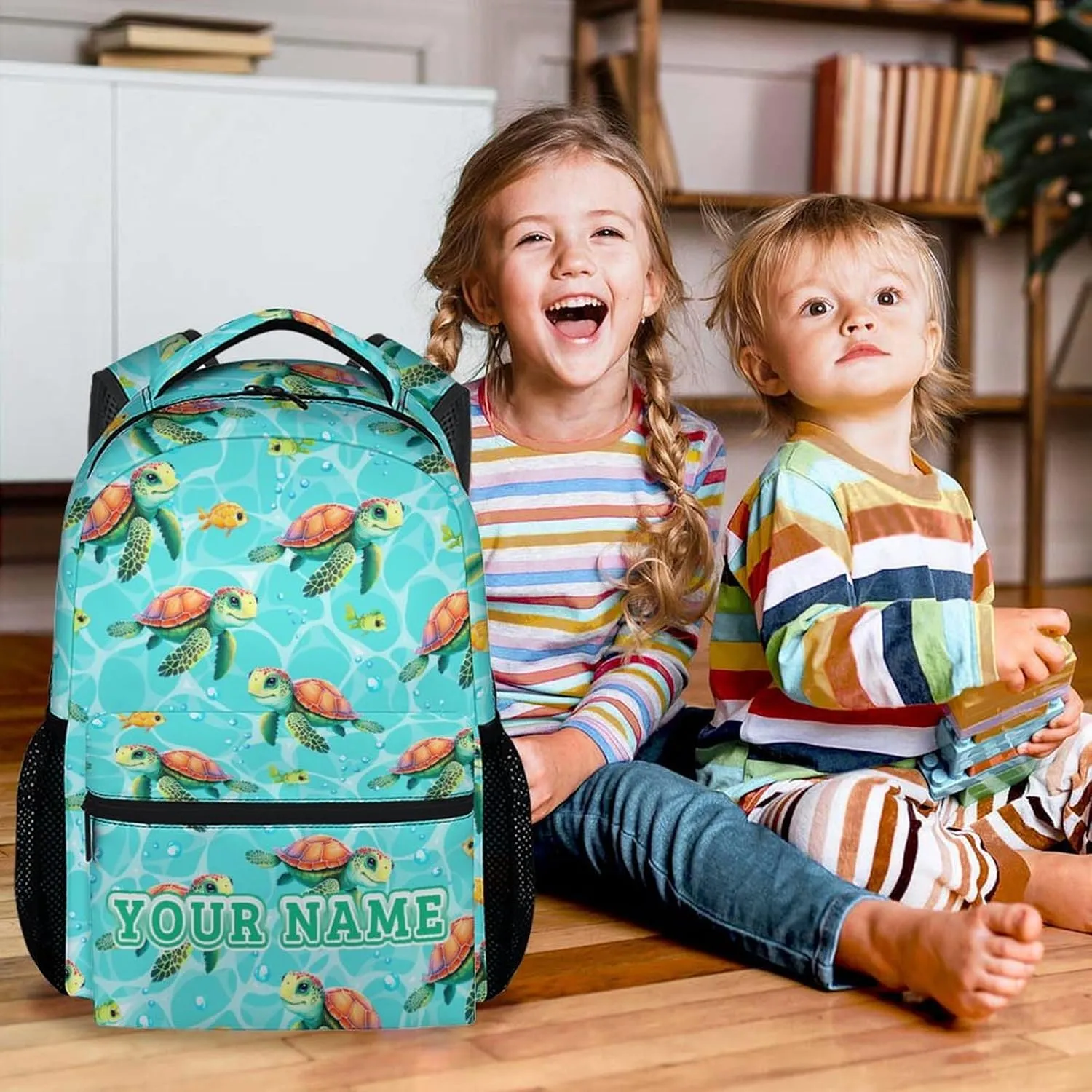 Custom School Backpack for Boys - 17 Inch Green Turtle Backpacks for Elementary - Cute Lightweight Durable Bookbag for Teens