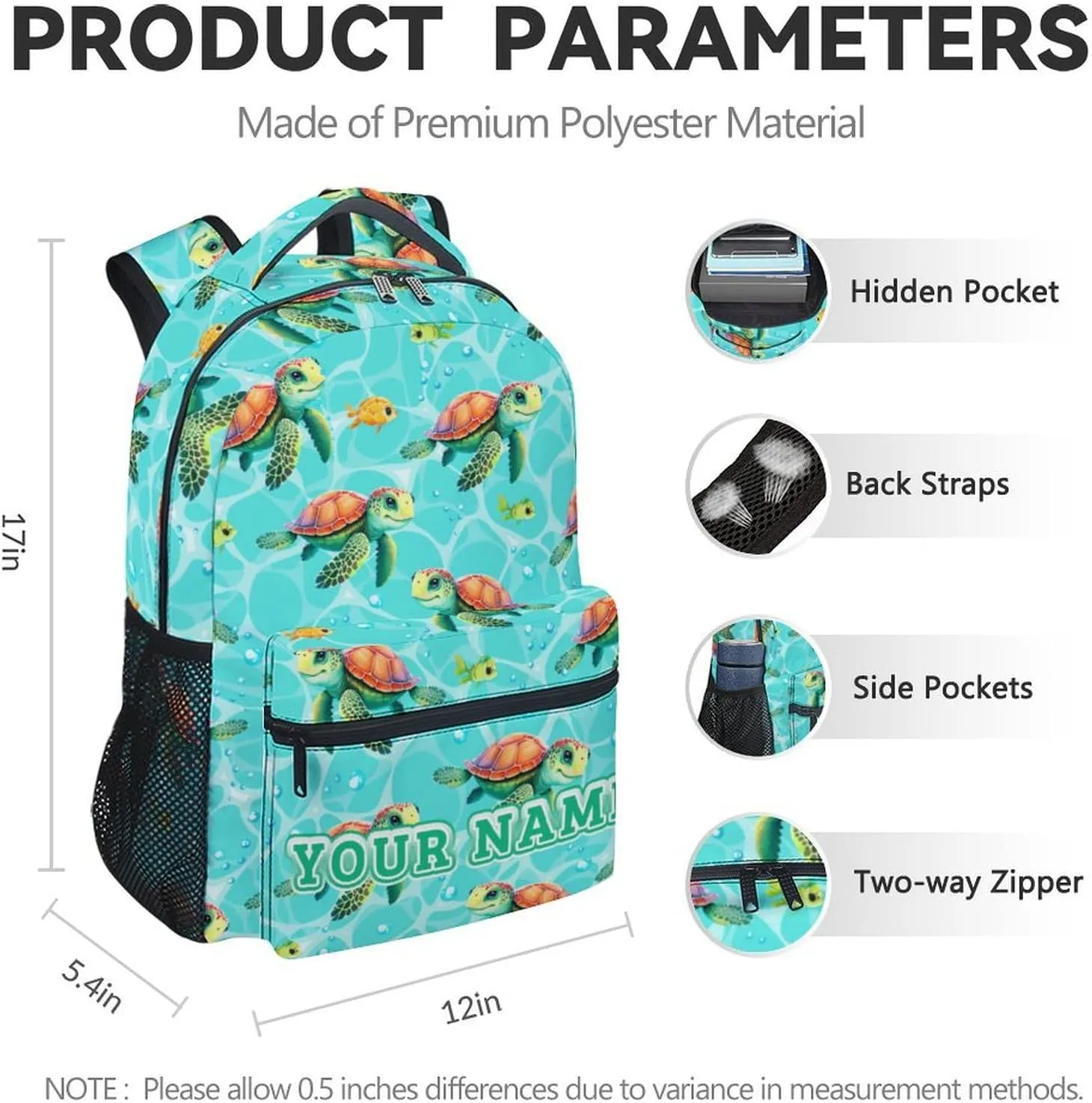 Custom School Backpack for Boys - 17 Inch Green Turtle Backpacks for Elementary - Cute Lightweight Durable Bookbag for Teens