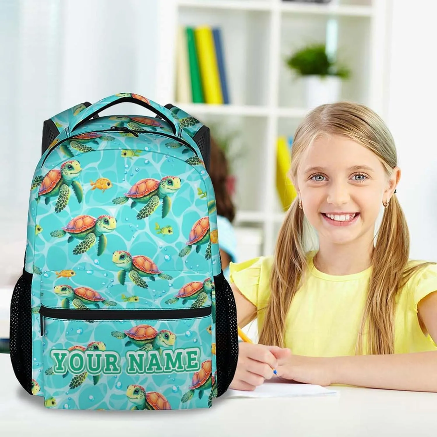Custom School Backpack for Boys - 17 Inch Green Turtle Backpacks for Elementary - Cute Lightweight Durable Bookbag for Teens