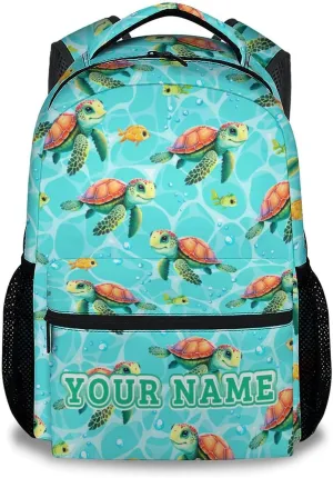 Custom School Backpack for Boys - 17 Inch Green Turtle Backpacks for Elementary - Cute Lightweight Durable Bookbag for Teens