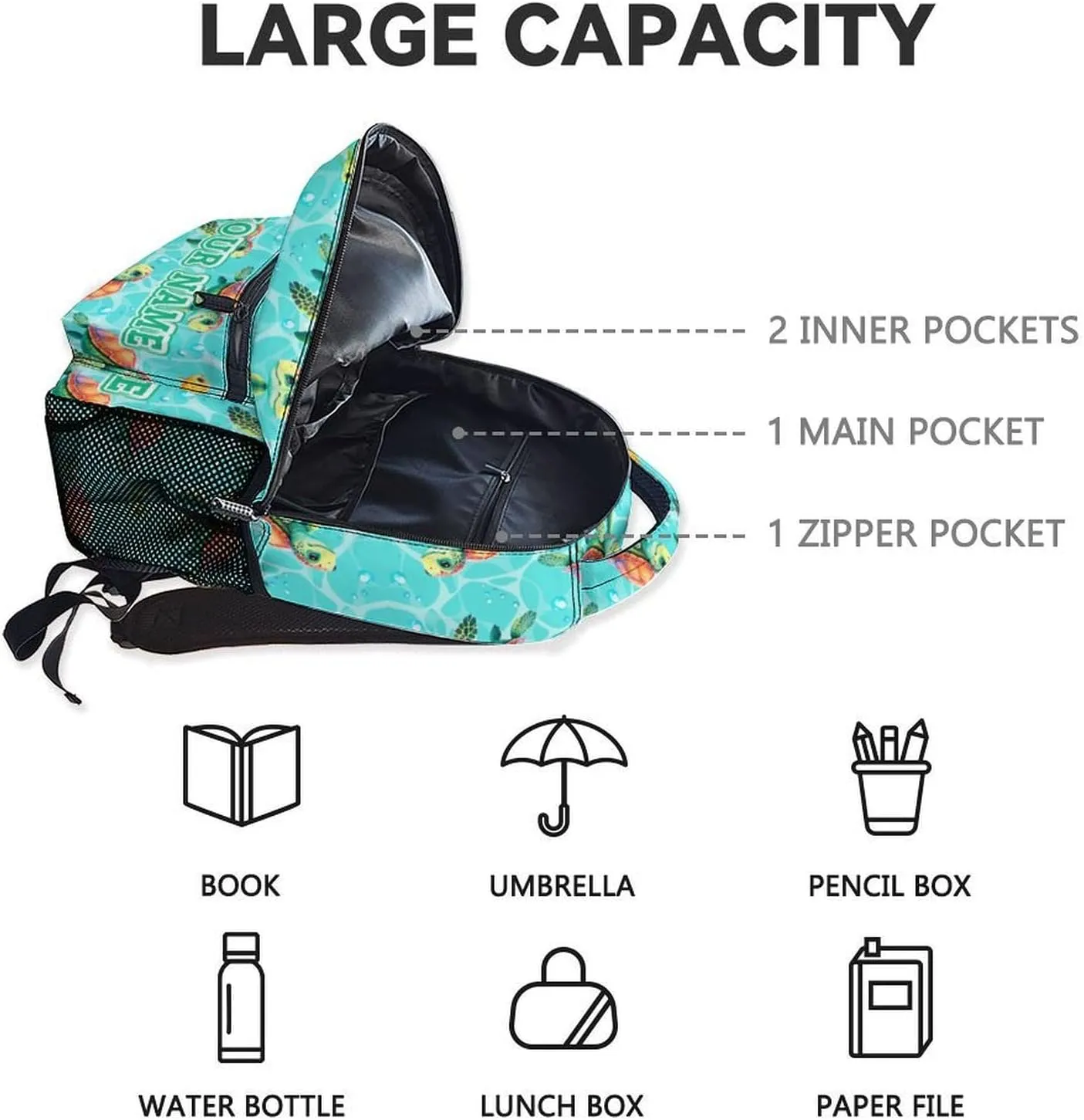 Custom School Backpack for Boys - 17 Inch Green Turtle Backpacks for Elementary - Cute Lightweight Durable Bookbag for Teens