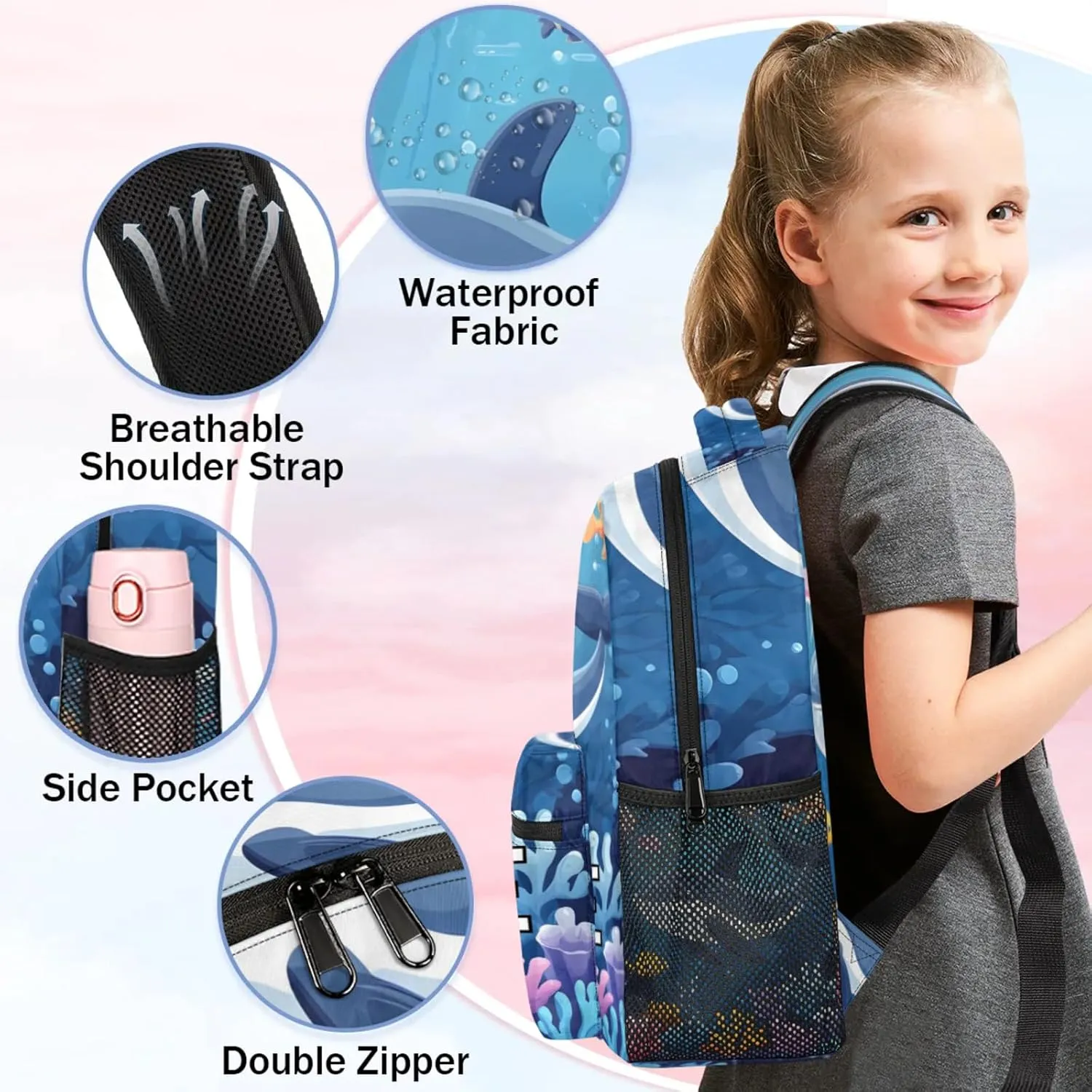 Custom Sea Dolphin Backpack with Name Personalized Waterproof Casual Daypack Summer Blue Sea Customize Laptop Backpacks for Women Men