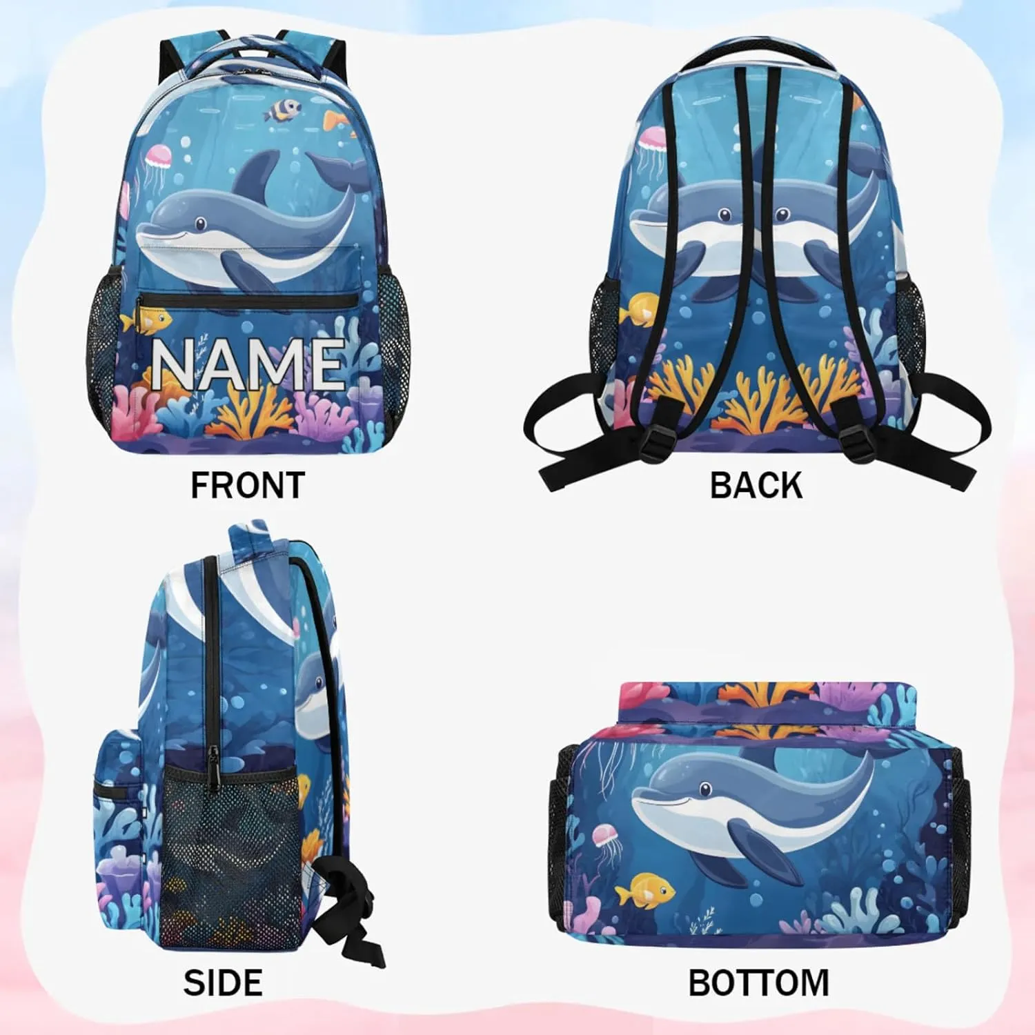 Custom Sea Dolphin Backpack with Name Personalized Waterproof Casual Daypack Summer Blue Sea Customize Laptop Backpacks for Women Men