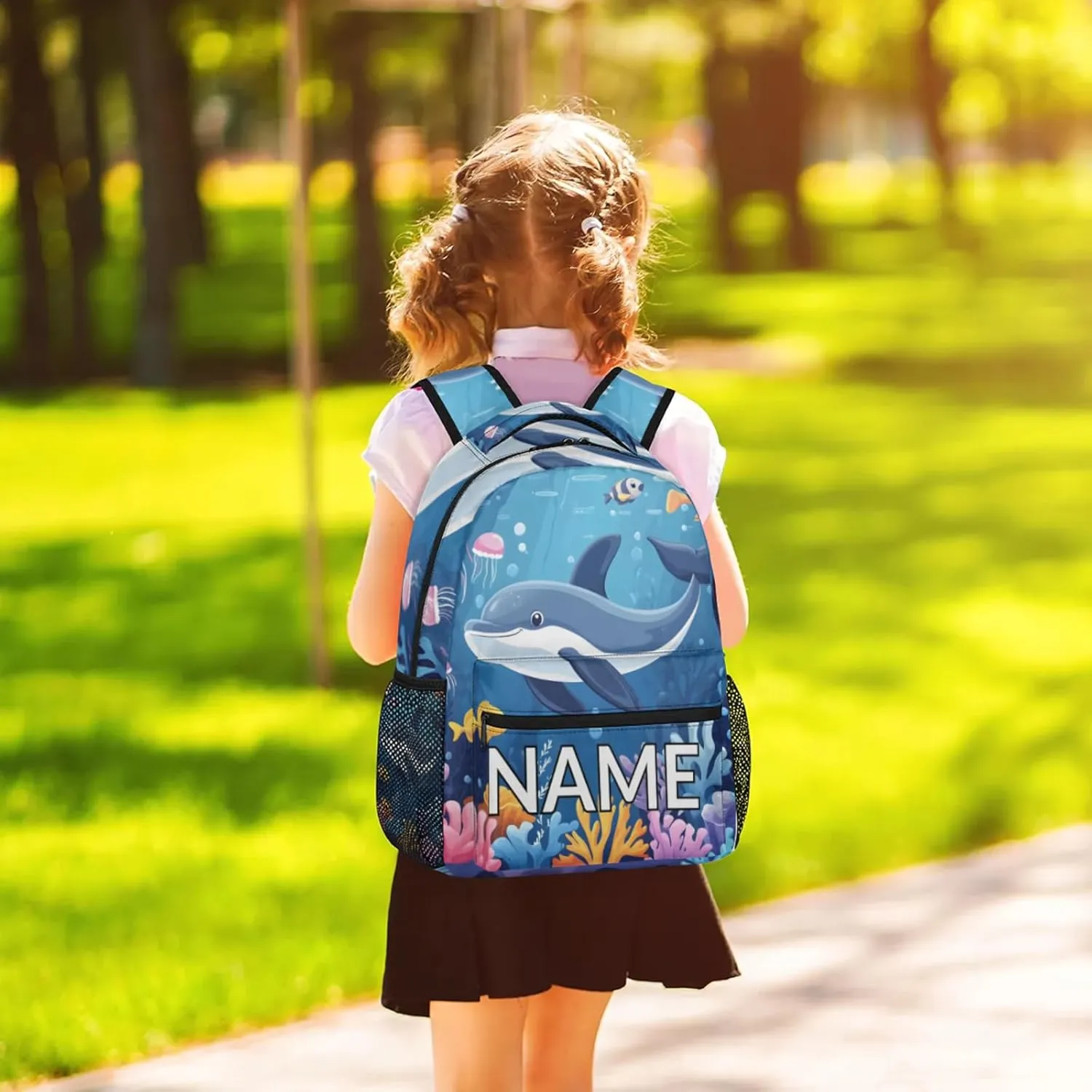 Custom Sea Dolphin Backpack with Name Personalized Waterproof Casual Daypack Summer Blue Sea Customize Laptop Backpacks for Women Men