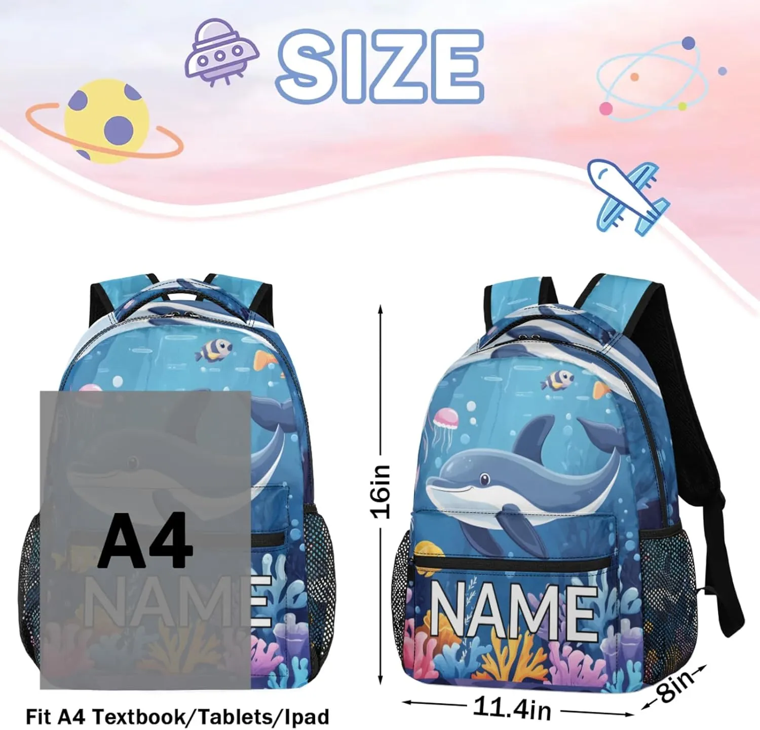 Custom Sea Dolphin Backpack with Name Personalized Waterproof Casual Daypack Summer Blue Sea Customize Laptop Backpacks for Women Men