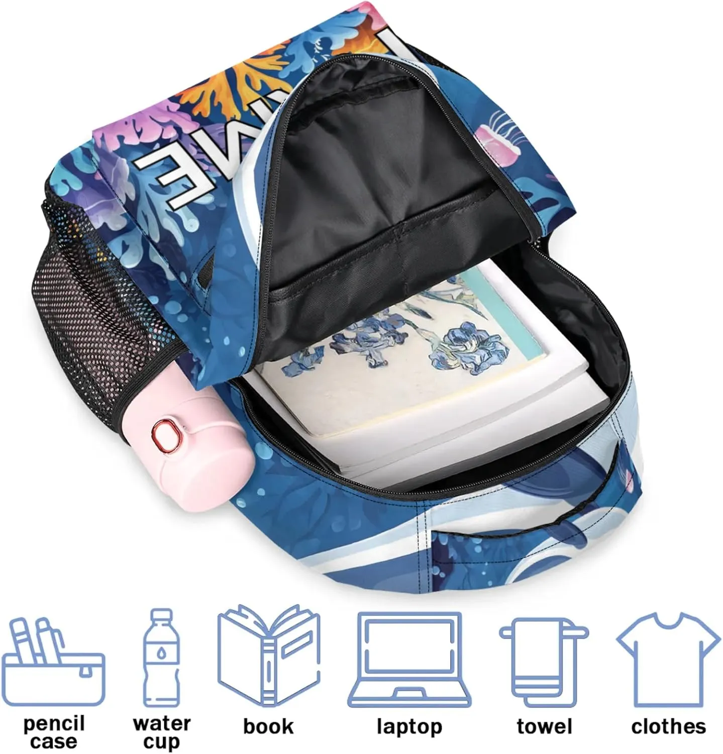 Custom Sea Dolphin Backpack with Name Personalized Waterproof Casual Daypack Summer Blue Sea Customize Laptop Backpacks for Women Men