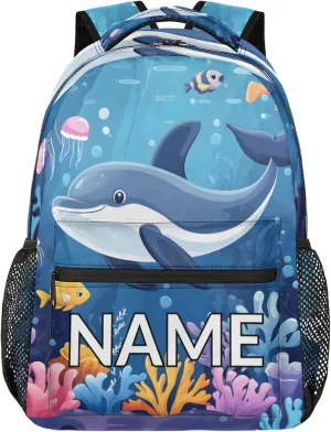 Custom Sea Dolphin Backpack with Name Personalized Waterproof Casual Daypack Summer Blue Sea Customize Laptop Backpacks for Women Men