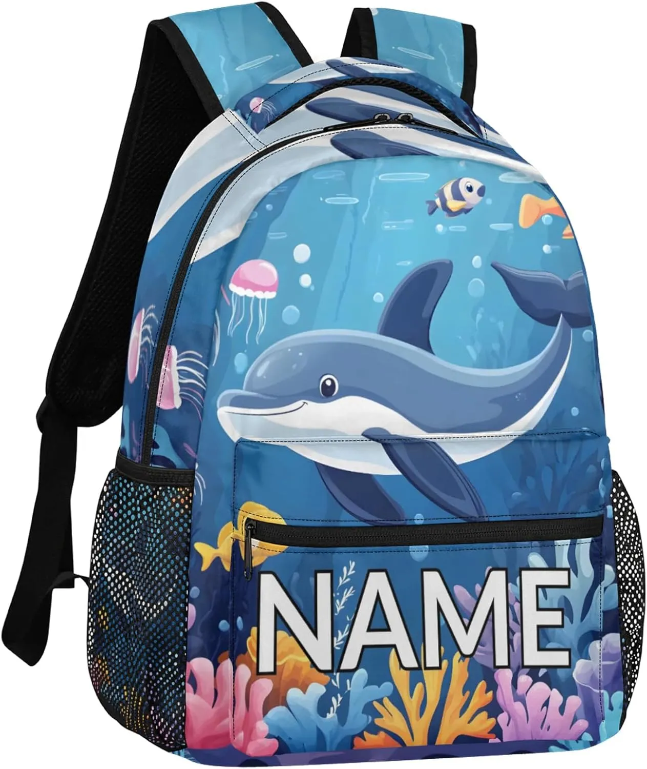 Custom Sea Dolphin Backpack with Name Personalized Waterproof Casual Daypack Summer Blue Sea Customize Laptop Backpacks for Women Men