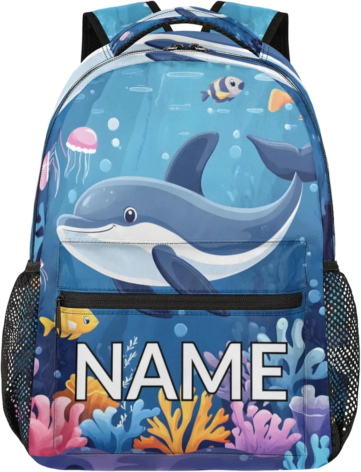 Custom Sea Dolphin Backpack with Name Personalized Waterproof Casual Daypack Summer Blue Sea Customize Laptop Backpacks for Women Men