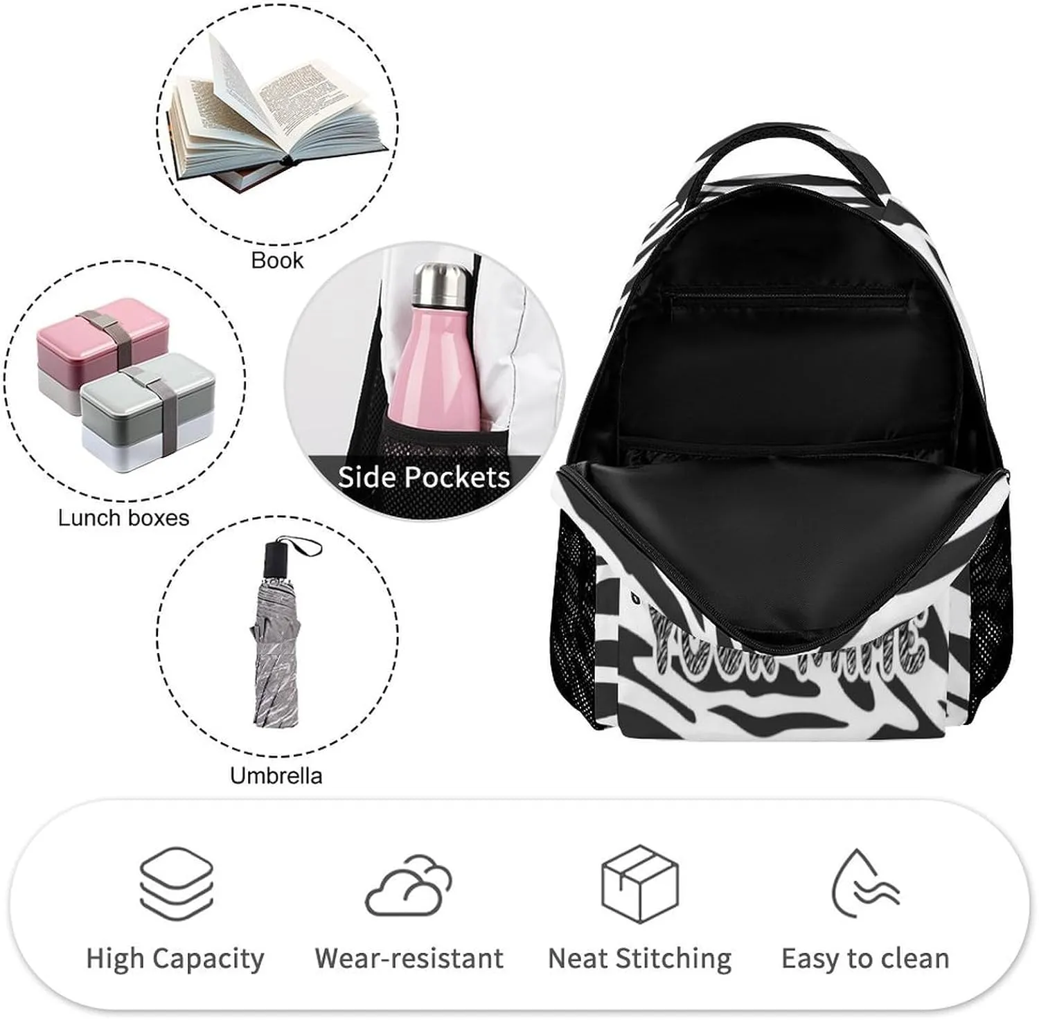 Custom Zebra Backpack for Kids Girls Boys School, 16 Inches Cute Zebras Theme Bookbag, Adjustable, Lightweight, Large Capacity, Colorful Daily Casual Backpacks