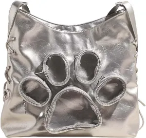 Cute cat paw shaped shoulder bag with large capacity for women, featuring a transparent doll display window
