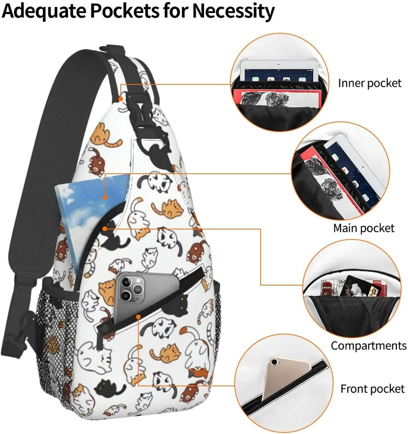 Cute Cat Sling Bags Women Men Lightweight Crossbody Cats Backpack Shoulder Bag for Sports Outdoor Chest Bag